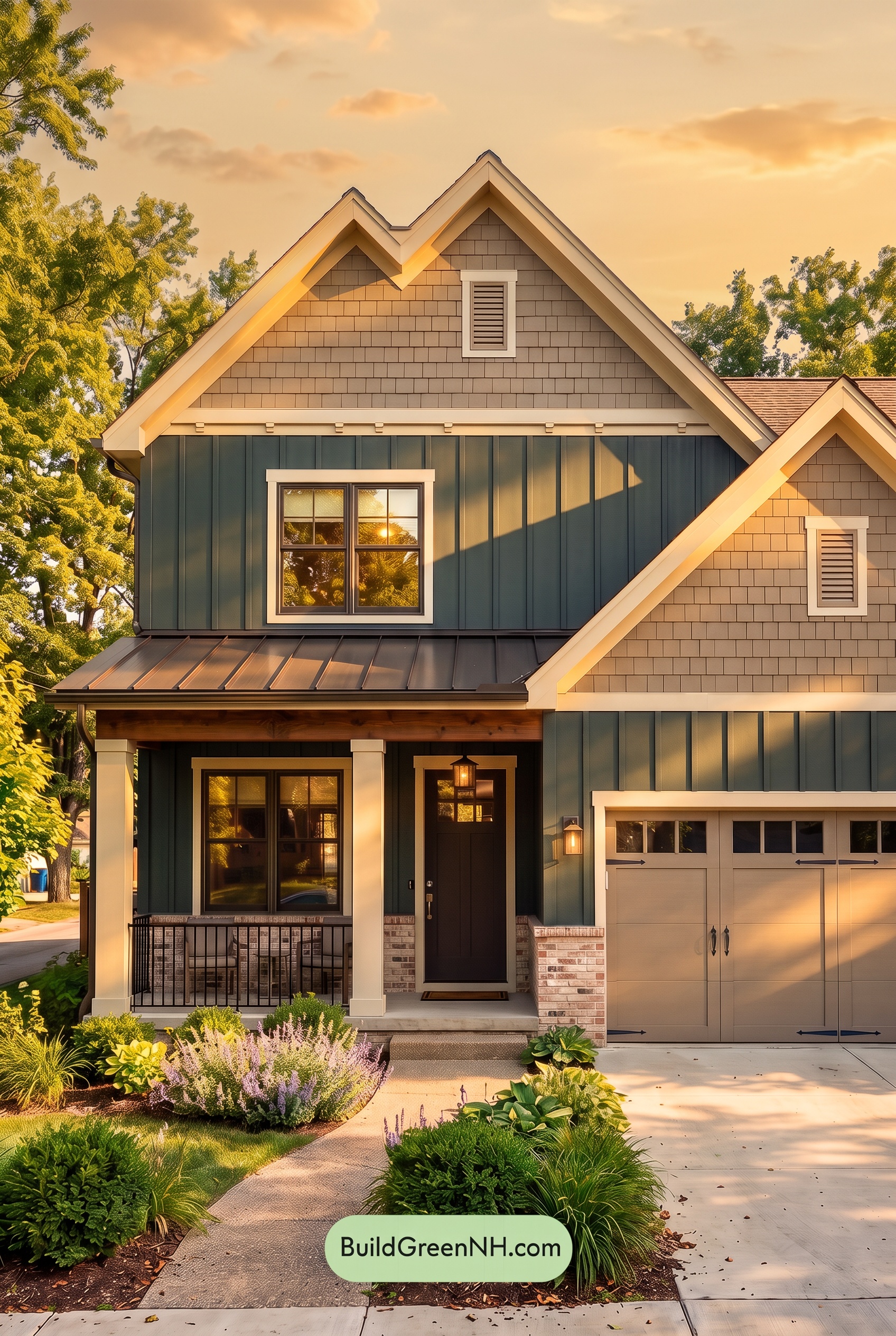 Dark Teal House Exterior Color Scheme: Porch Emberline - Golden Hour