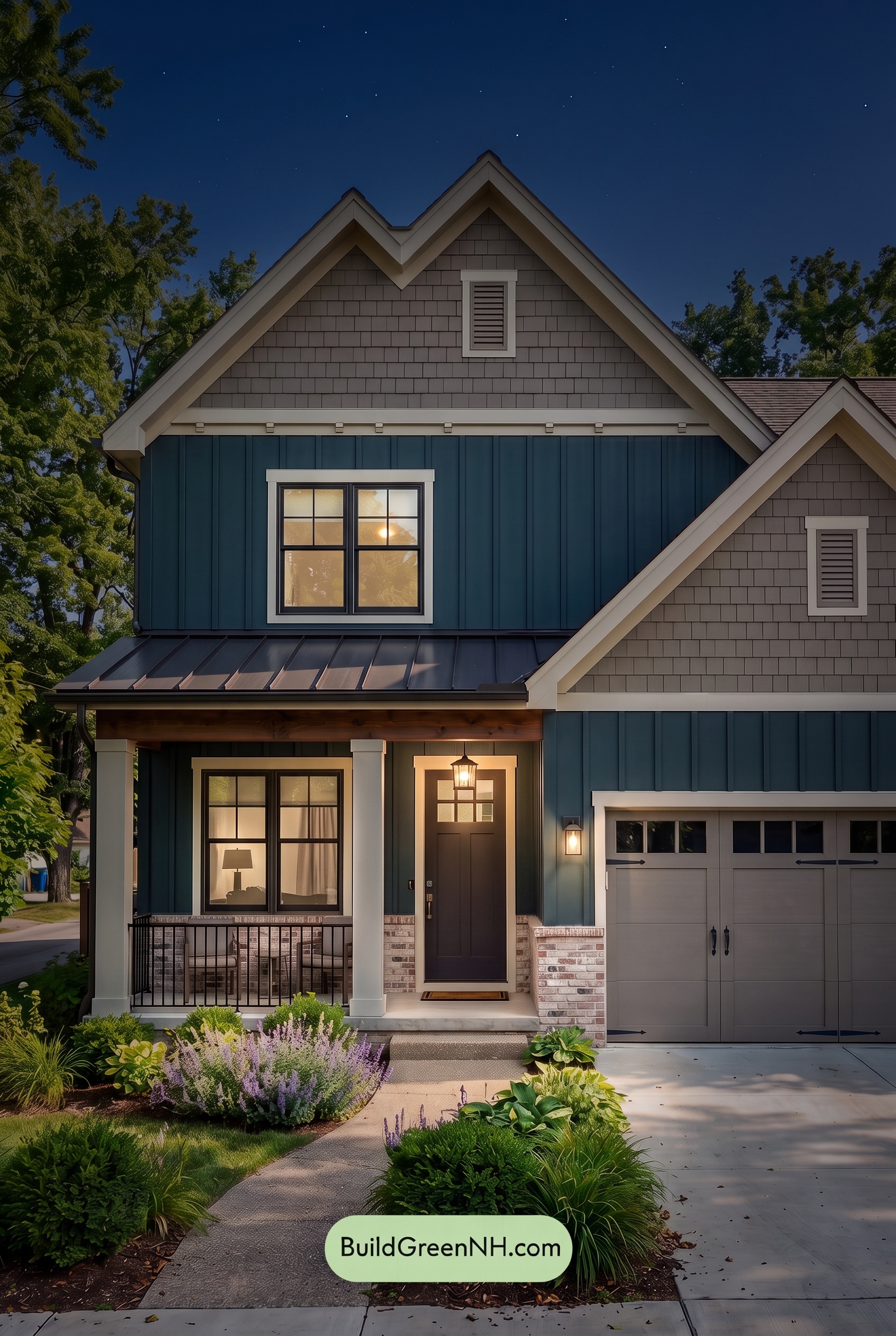 Dark Teal House Exterior Color Scheme: Porch Emberline - Nighttime