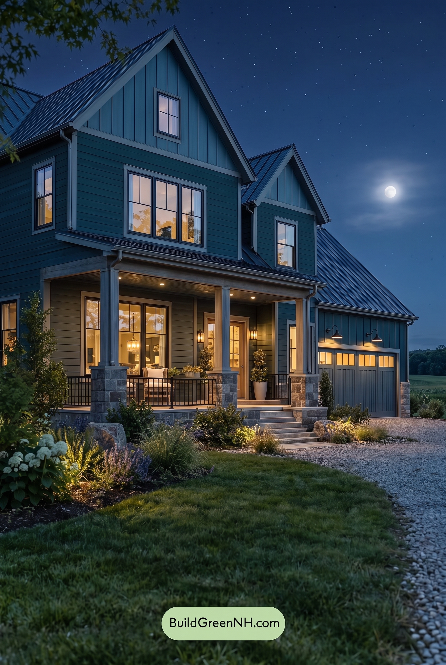 Dark Teal House Exterior Color Scheme: Sapphire Plasterline - Nighttime