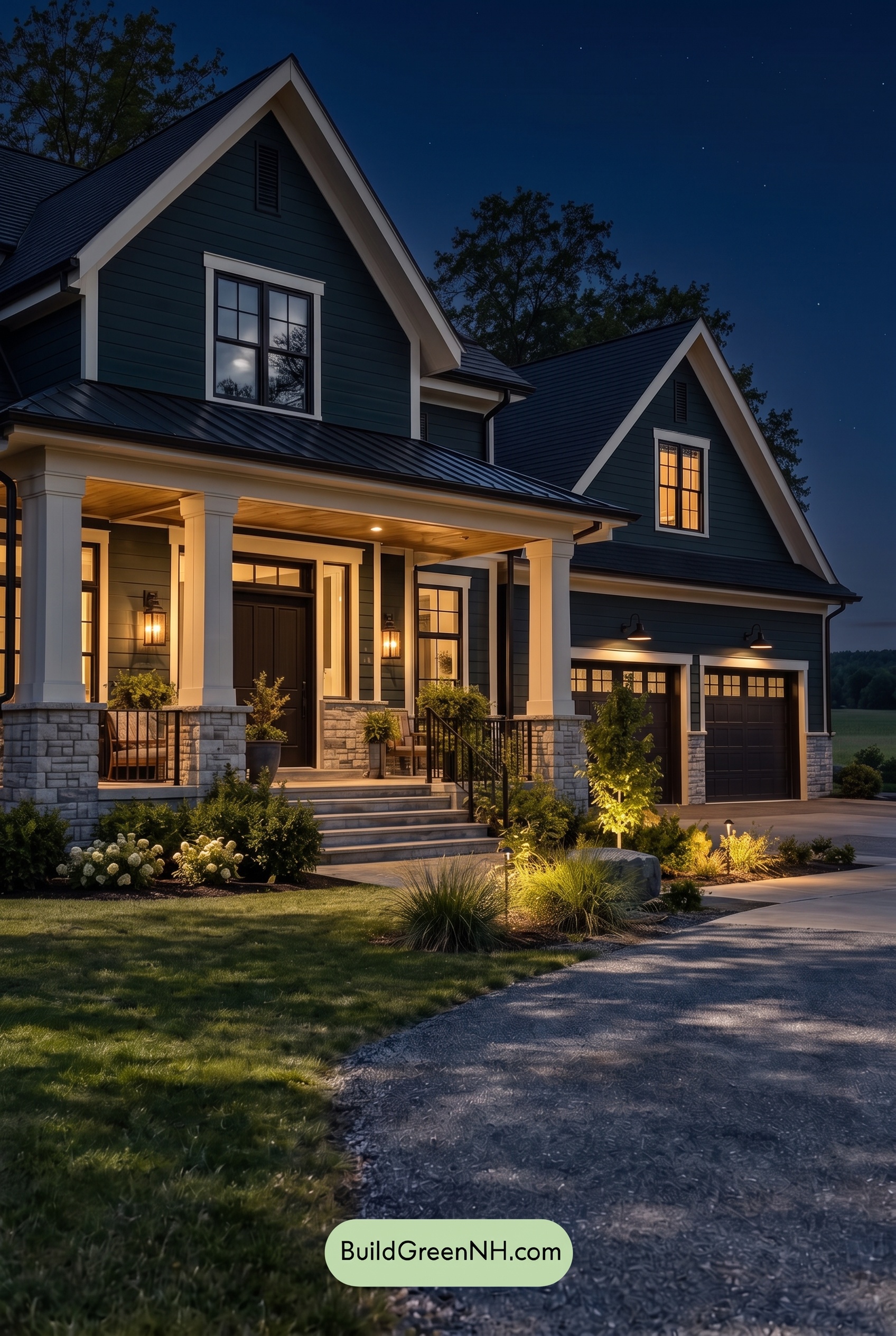 Dark Teal House Exterior Color Scheme: Shadow Teal Ledger - Nighttime