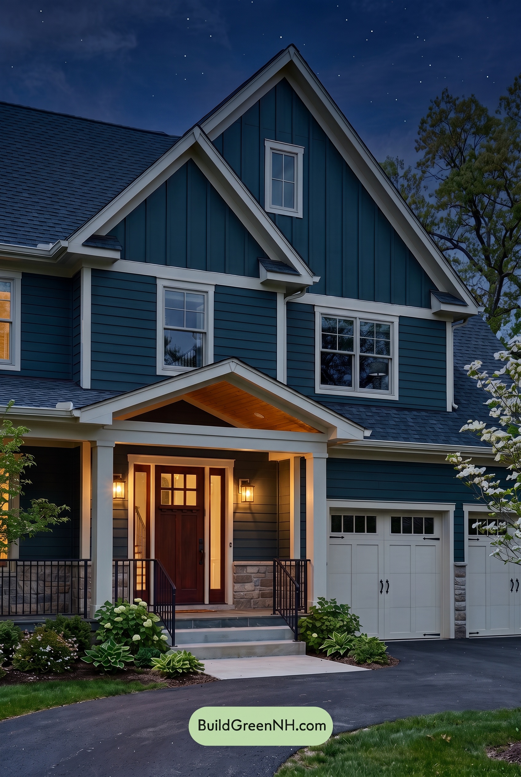 Dark Teal House Exterior Color Scheme: Teal Amber Welcome - Nighttime