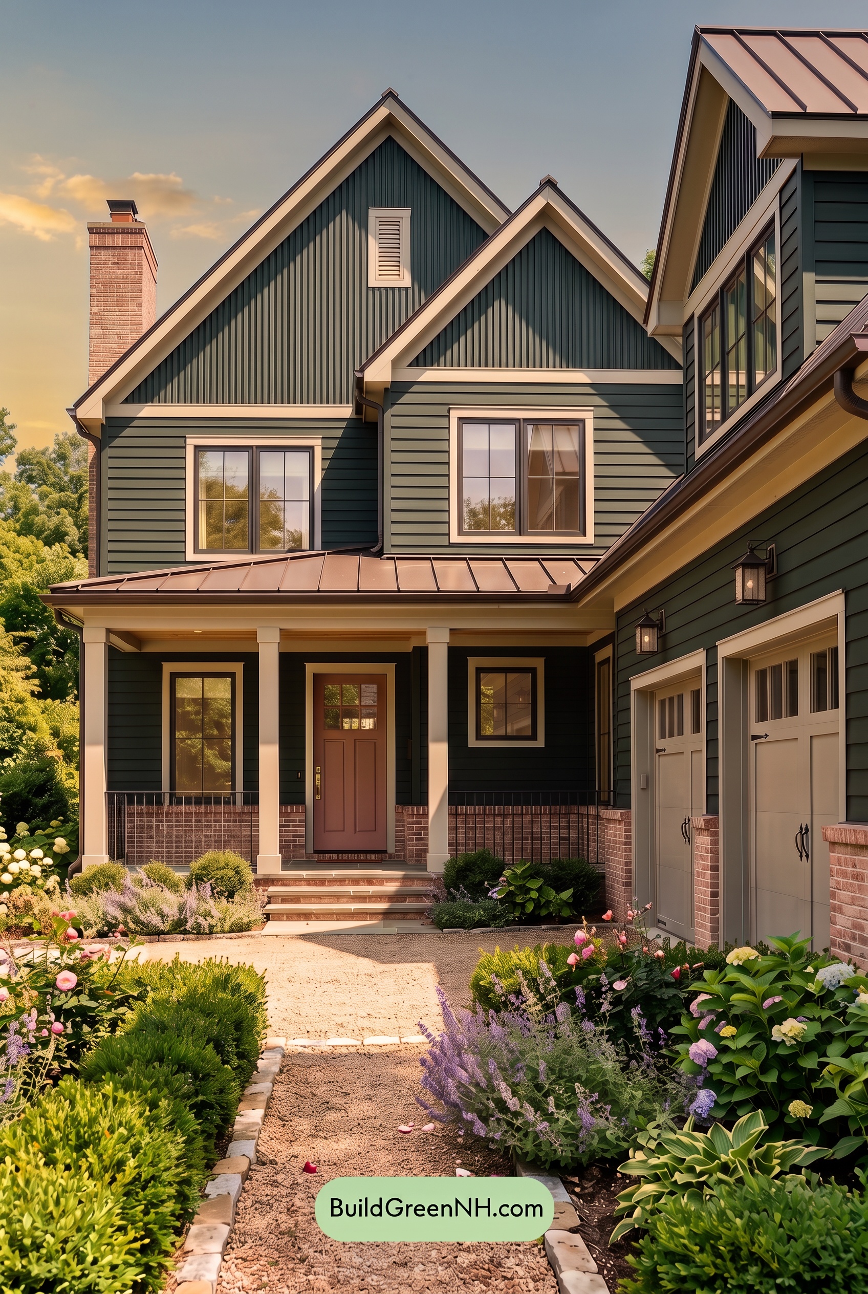 Dark Teal House Exterior Color Scheme: Teal Blush Masonry - Golden Hour