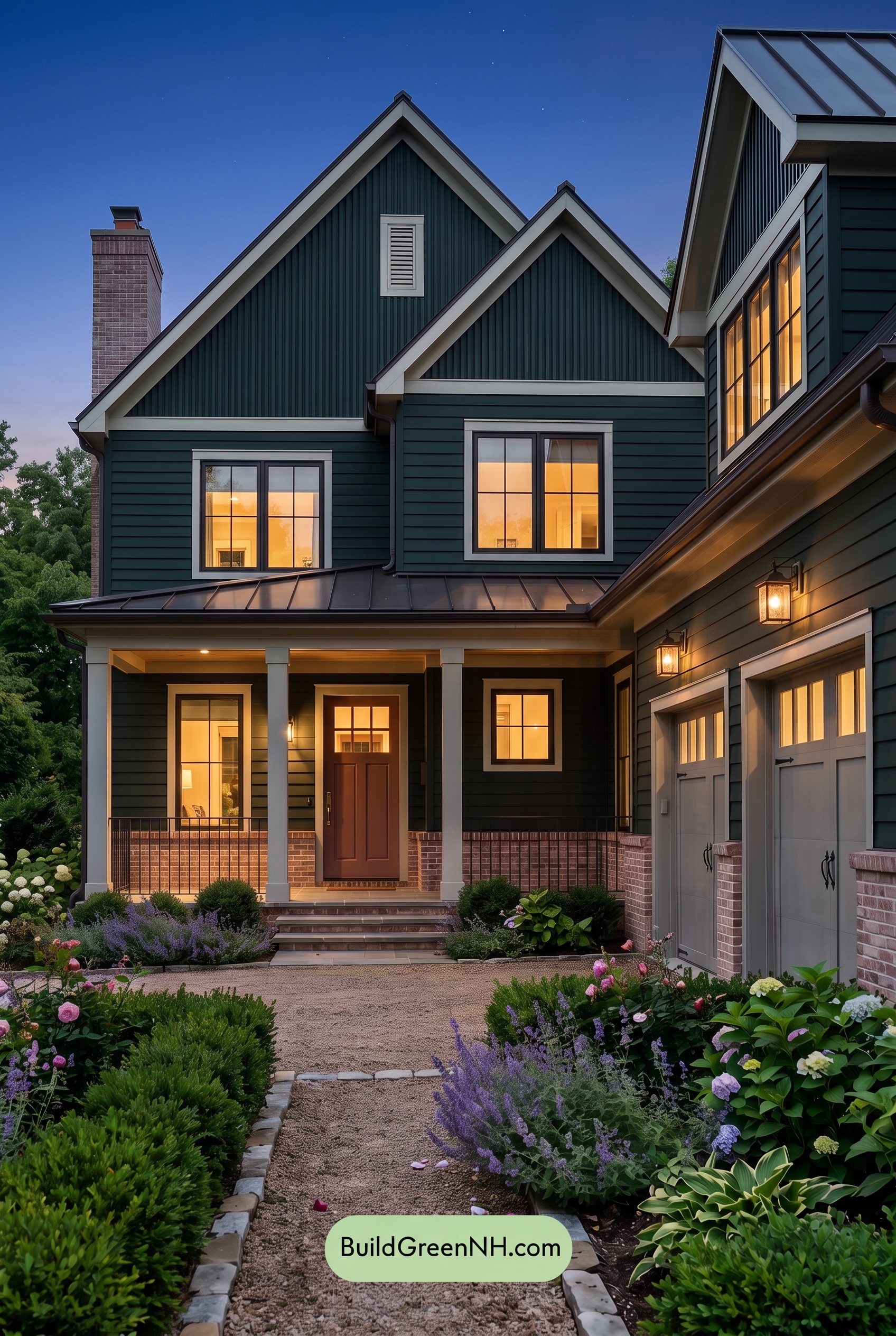 Dark Teal House Exterior Color Scheme: Teal Blush Masonry - Nighttime