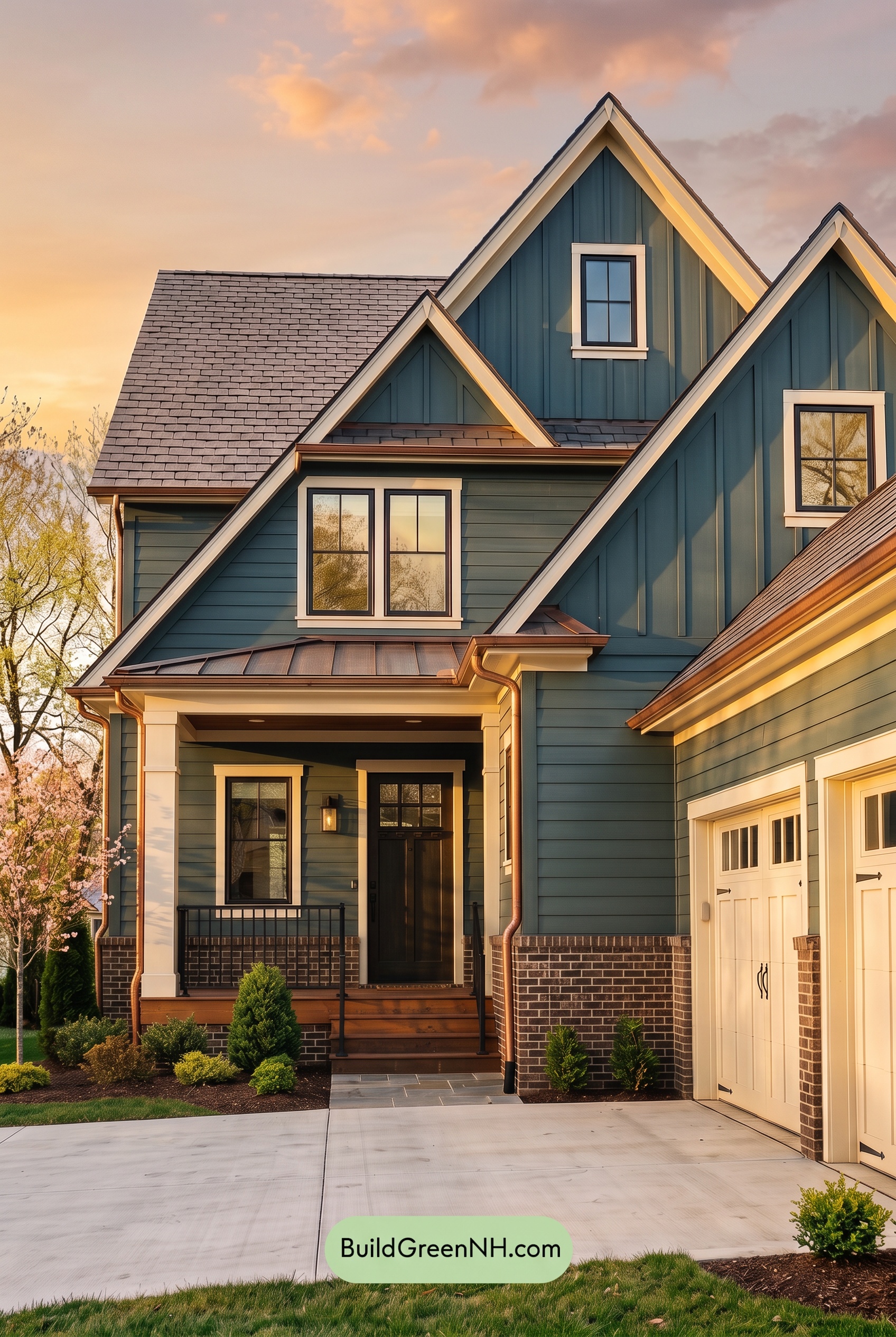 Dark Teal House Exterior Color Scheme: Teal Copper Hearth - Golden Hour