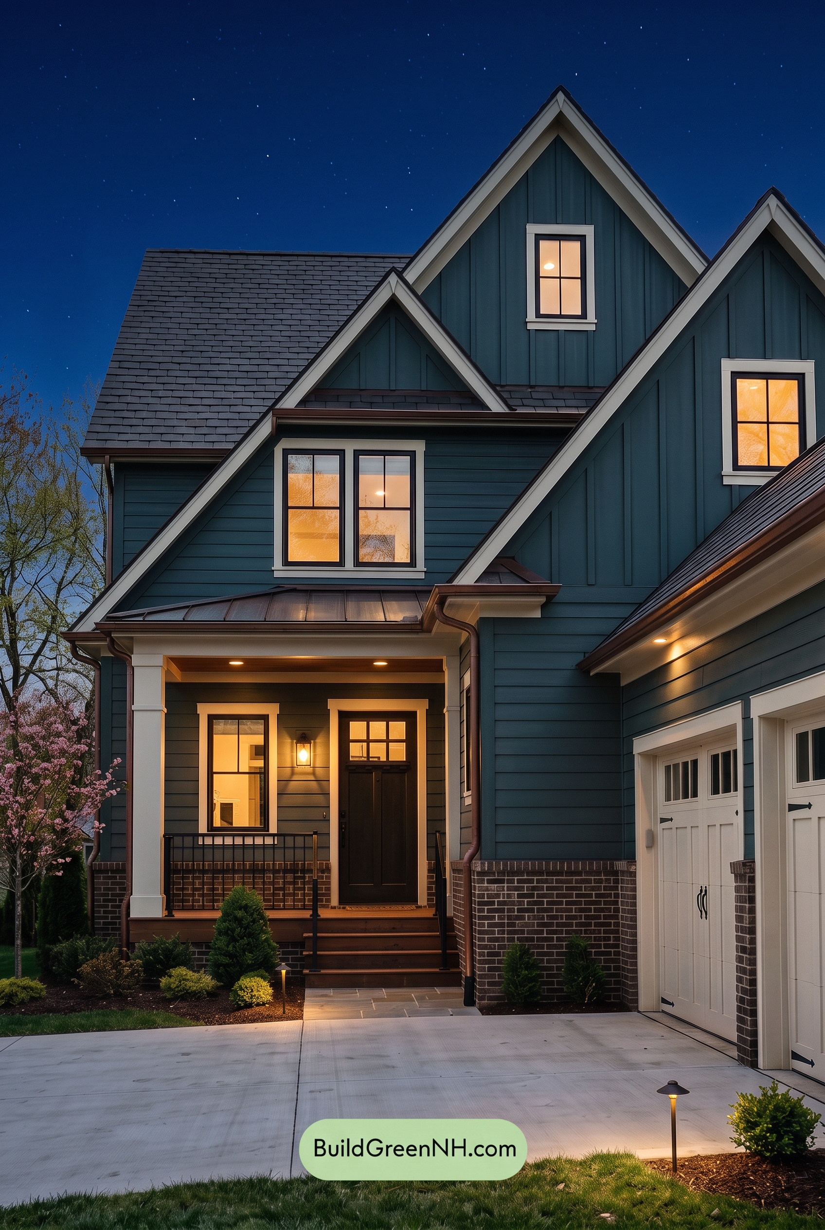 Dark Teal House Exterior Color Scheme: Teal Copper Hearth - Nighttime
