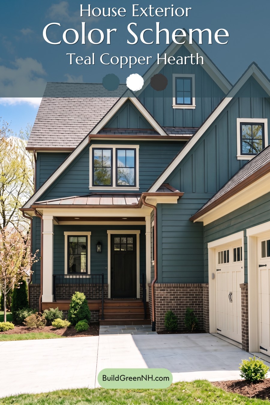 Dark Teal House Exterior Color Scheme: Teal Copper Hearth