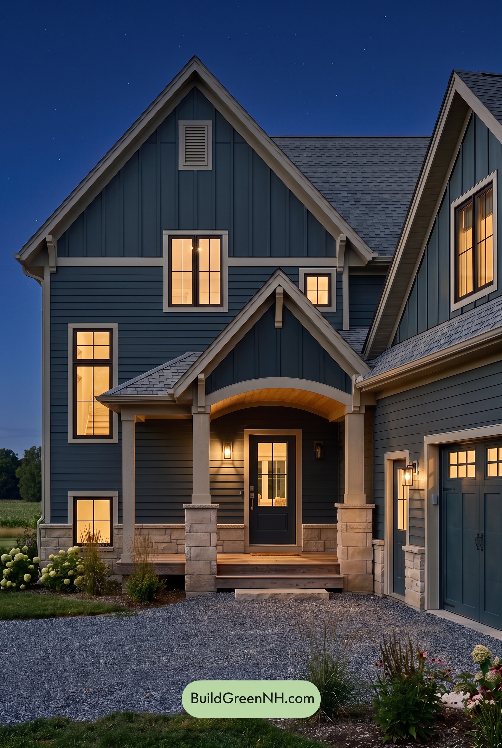 Dark Teal House Exterior Color Scheme: Teal Linen Contrast - Nighttime