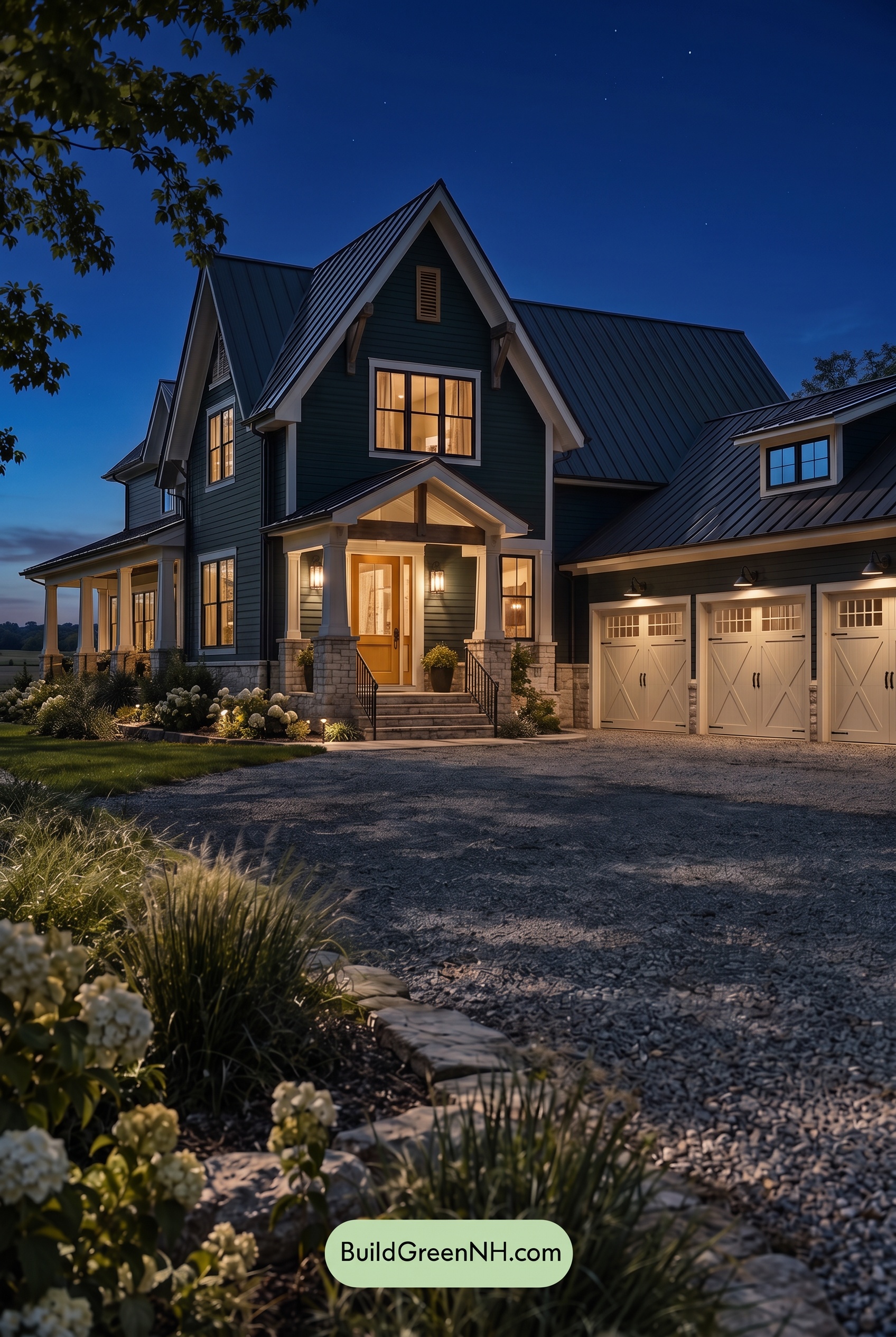 Dark Teal House Exterior Color Scheme: Tidebone Porchlight - Nighttime