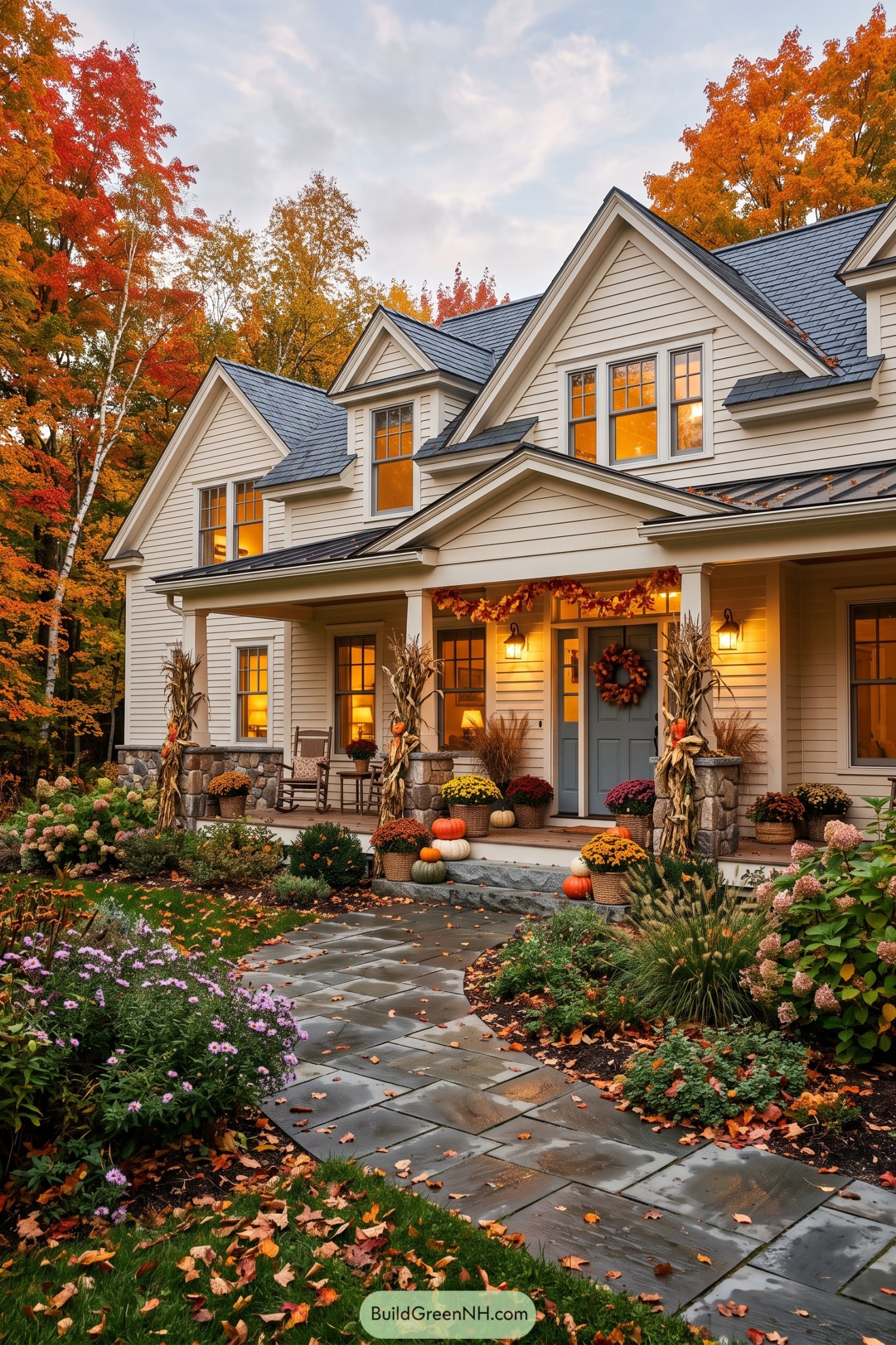 Cream gabled home with a decorated fall porch