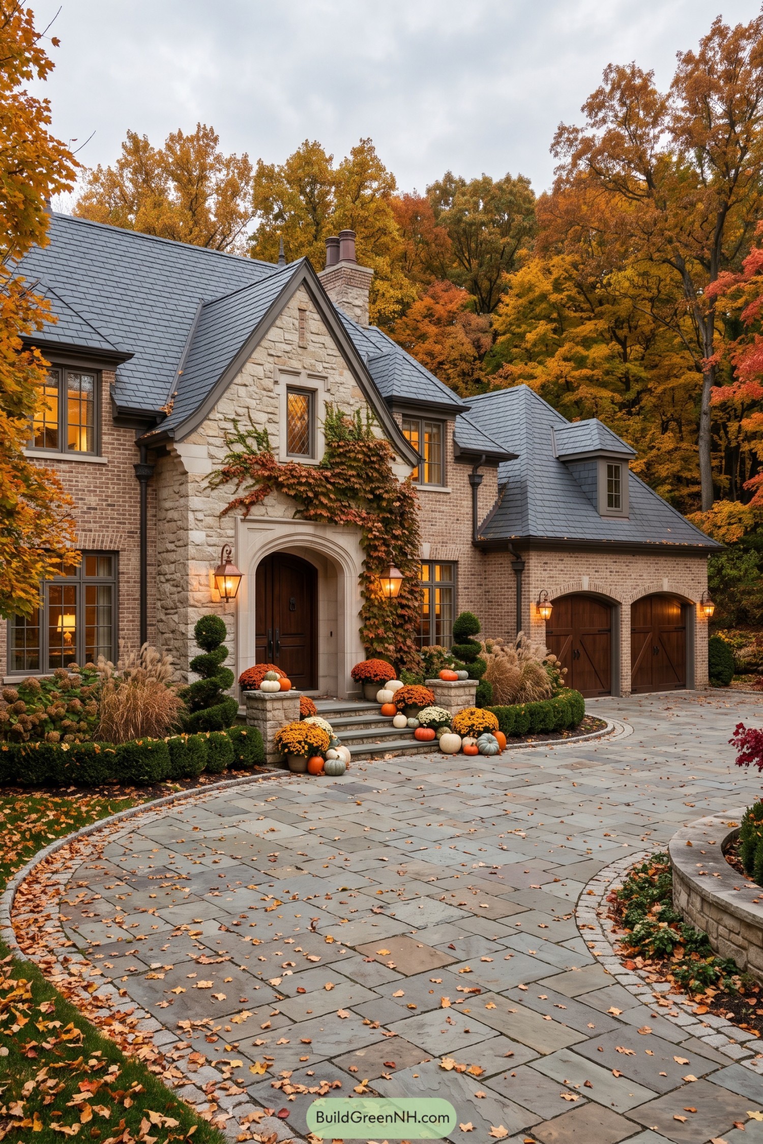 Stone and brick estate home with autumn pumpkins and mums