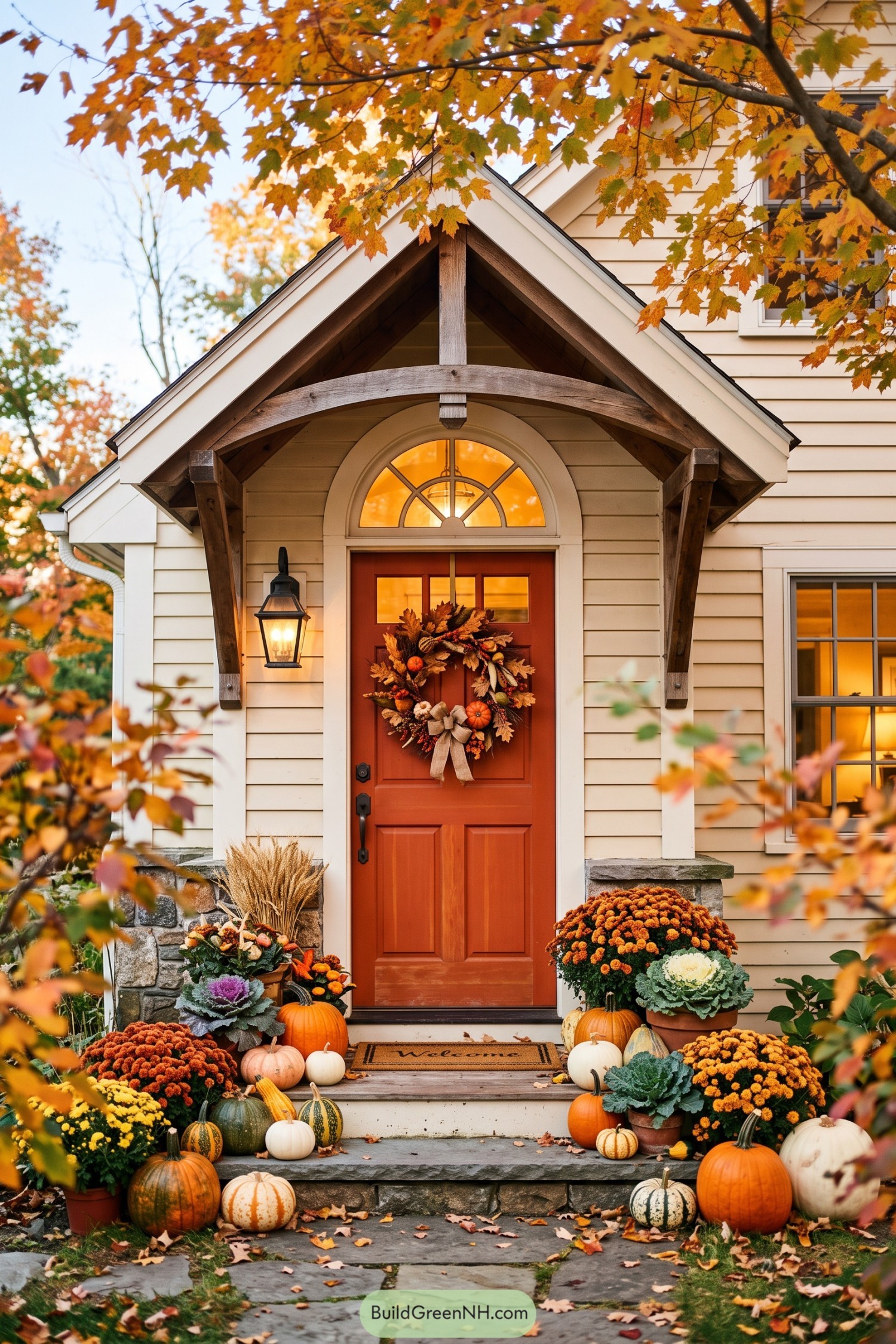 Red front door beneath a timber gable with pumpkins and mums