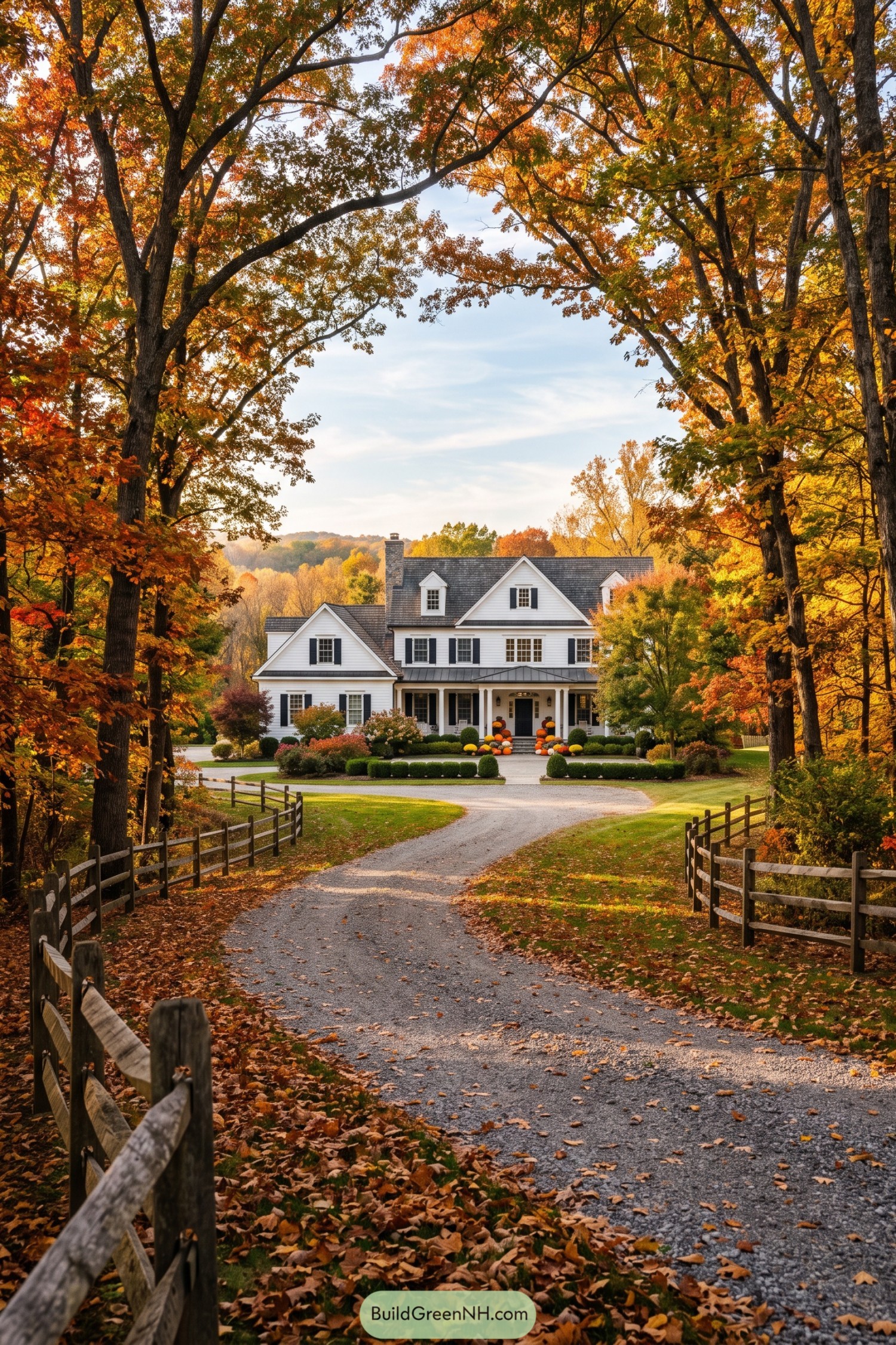 White clapboard home with black shutters framed by blazing autumn trees