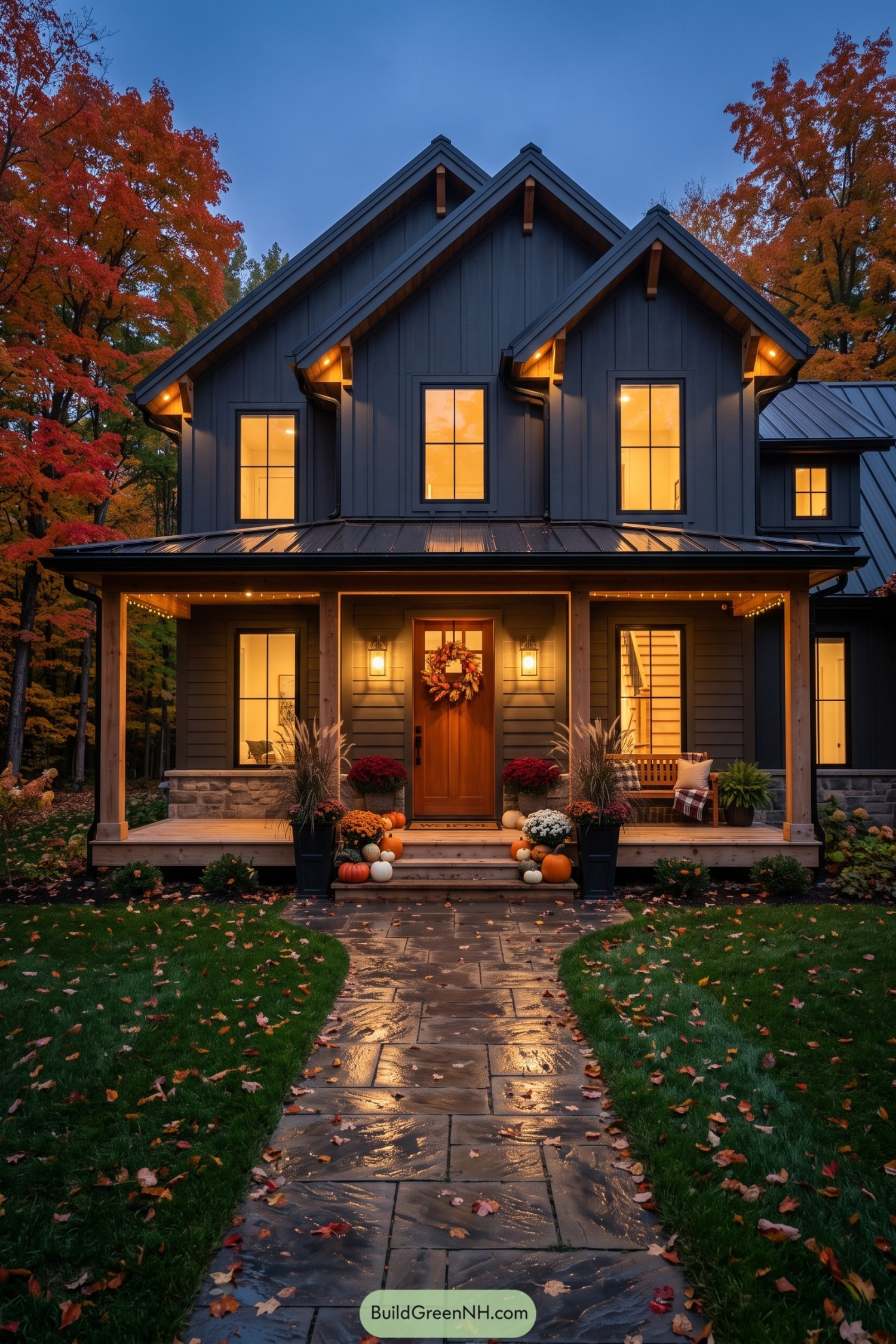 Dark gabled home with glowing porch and pumpkins