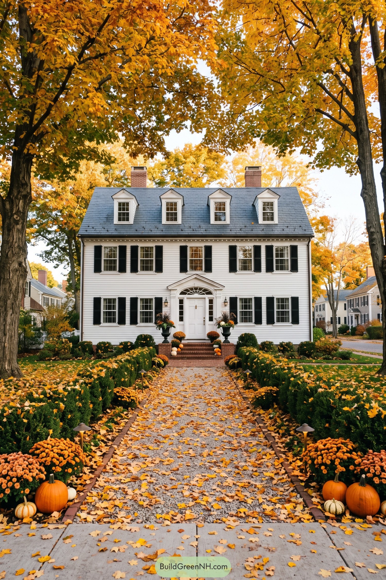White Georgian home with black shutters framed by autumn maples and pumpkins