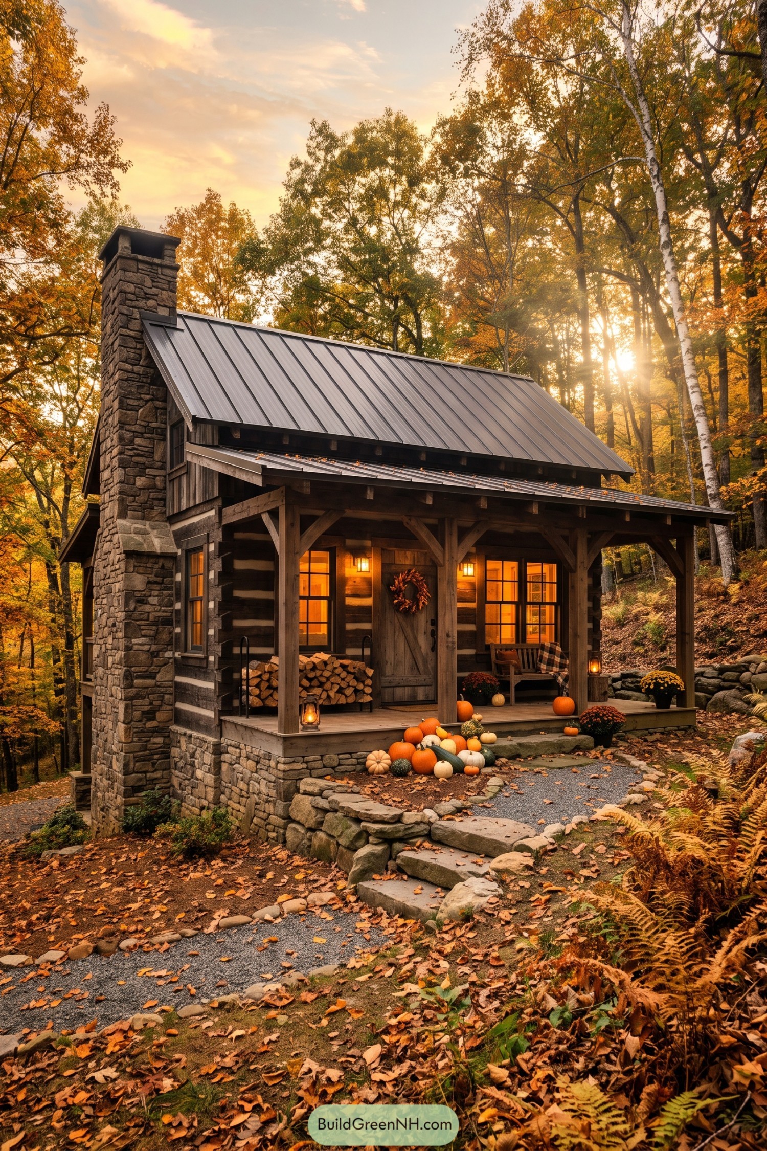 Wood cabin with stone chimney and pumpkin porch