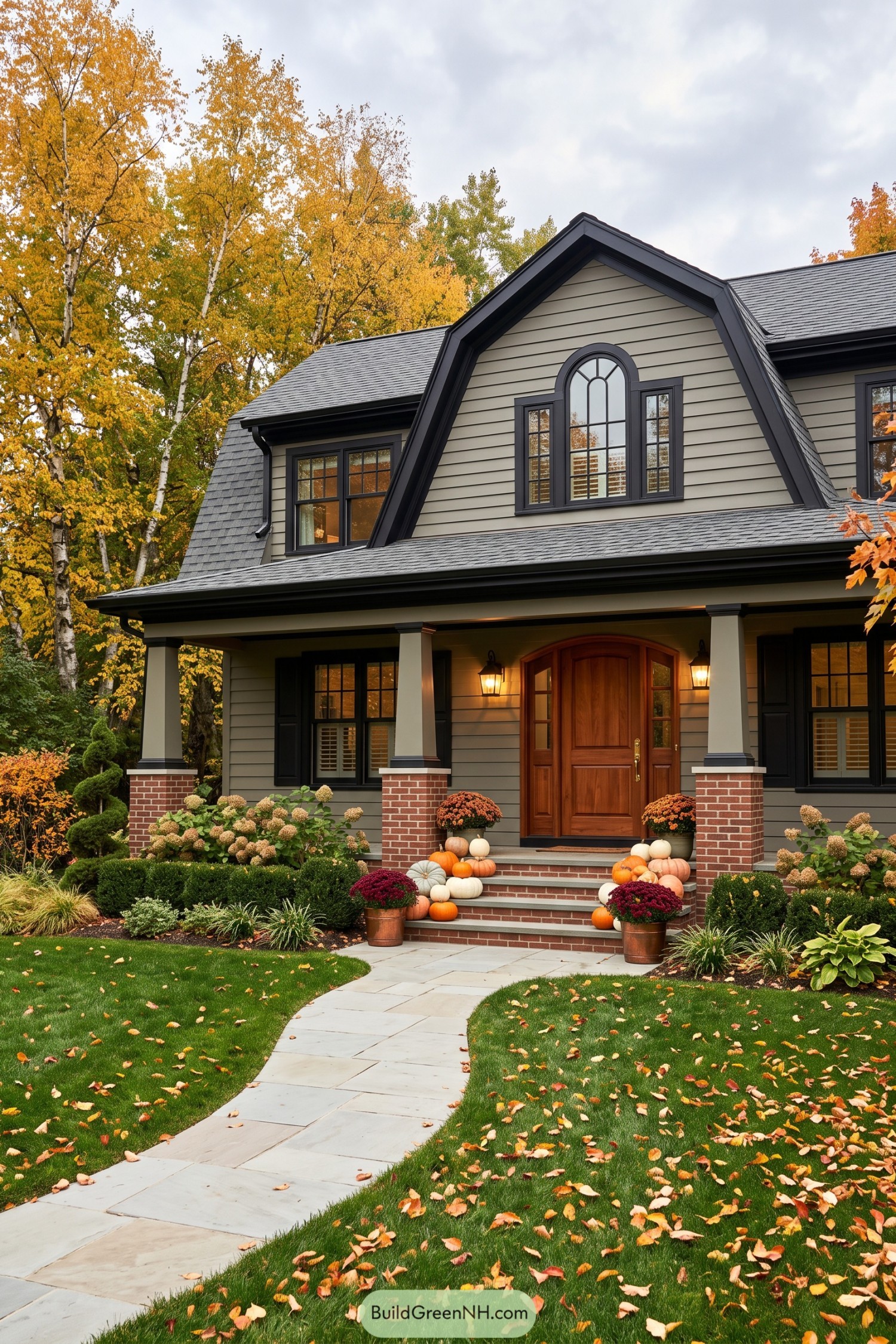Gray gabled home with a wood arched door and pumpkin-lined steps