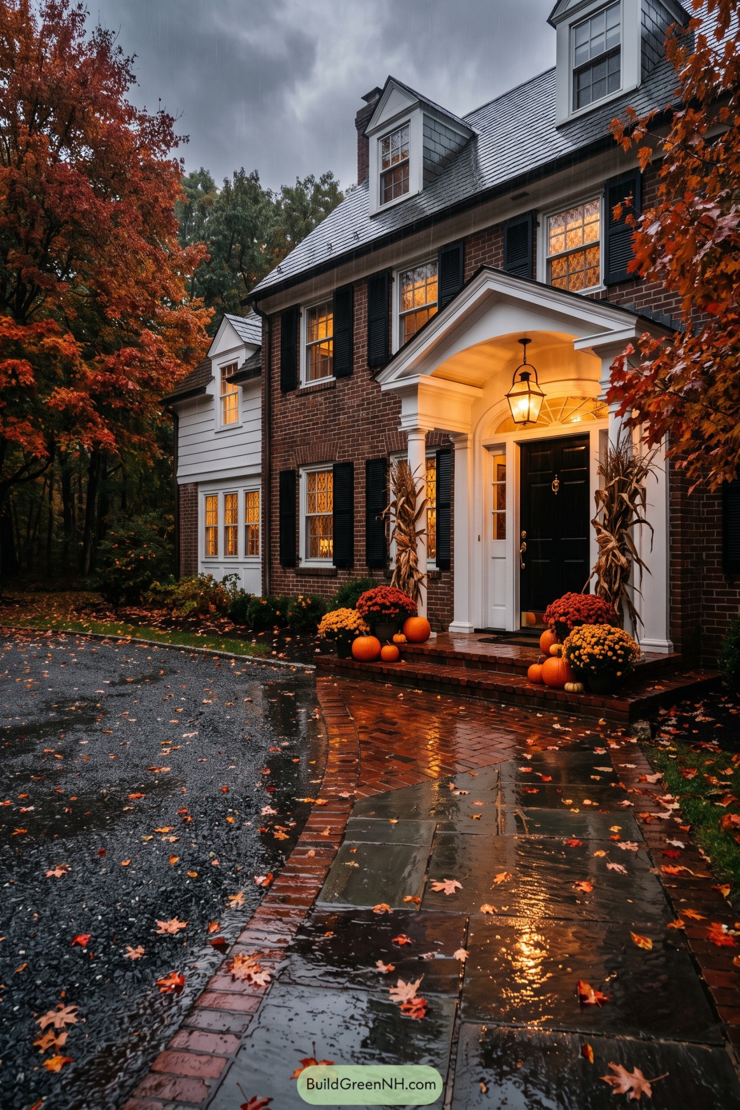 Brick colonial facade with black shutters and a pumpkin-lined portico in autumn rain