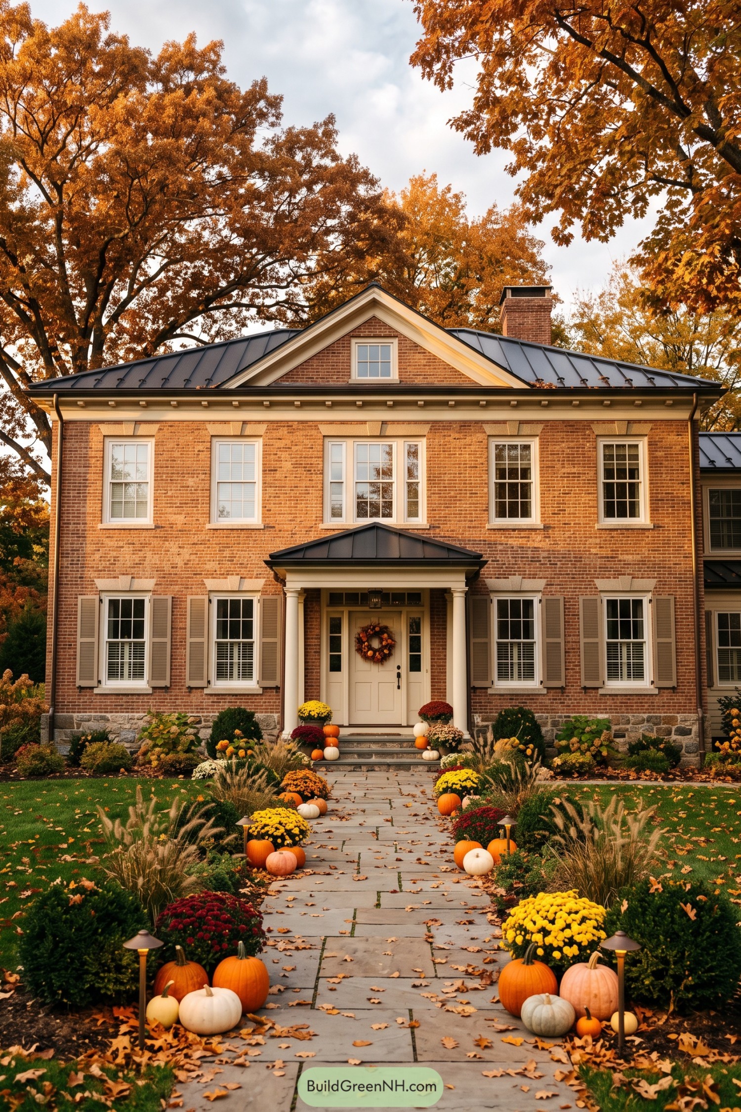 Brick Federal home with a pumpkin-lined stone walk