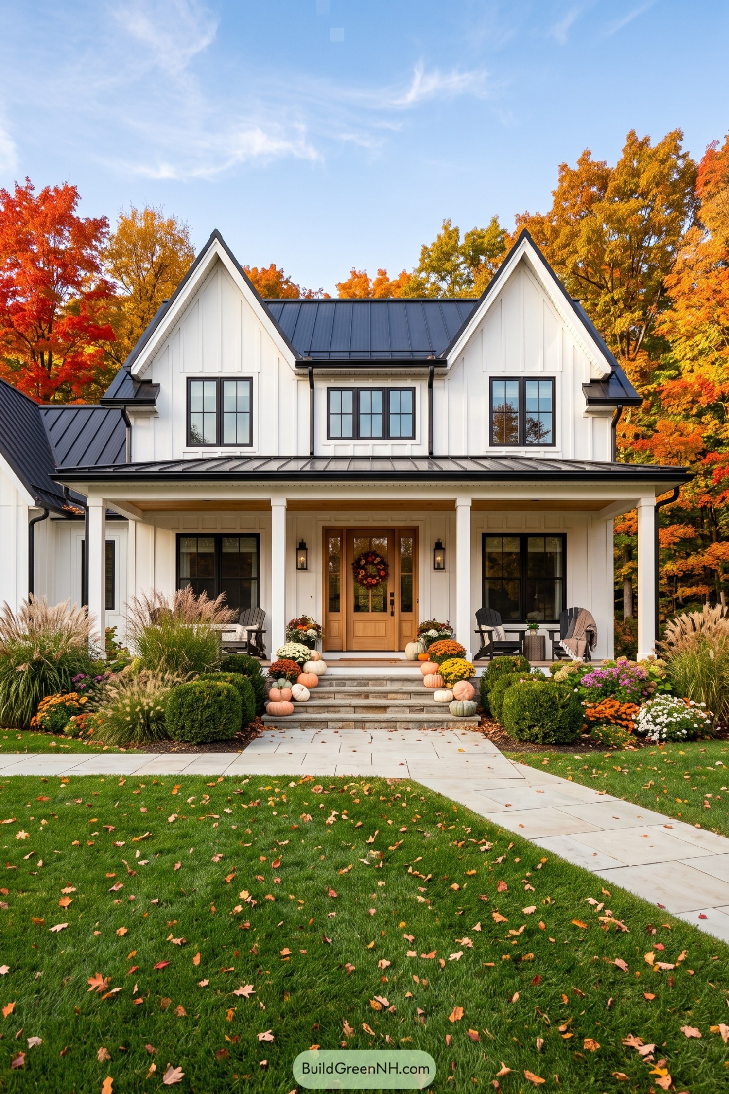 White Modern Farmhouse With Fall Porch Decor