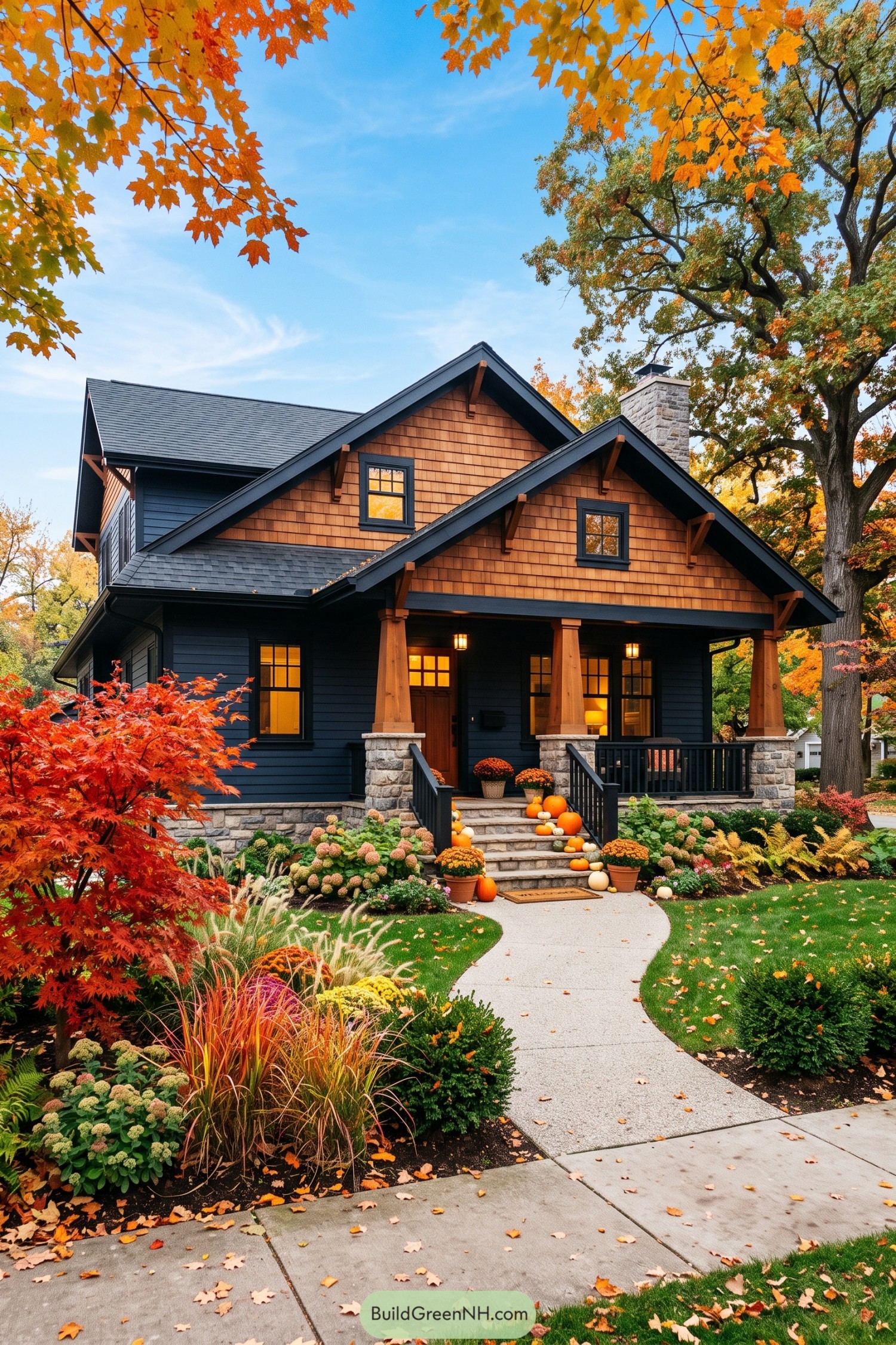 Navy Craftsman home with cedar gables and pumpkin-lined steps