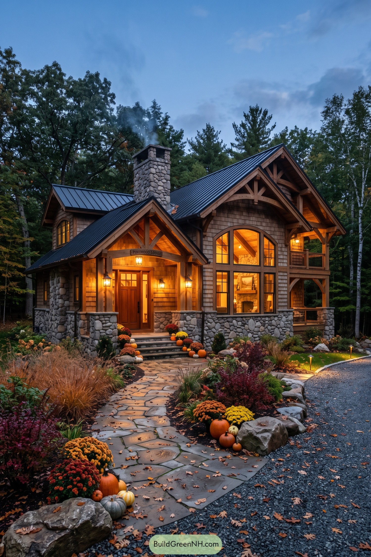 Timber lodge with stone chimney and fall pumpkins