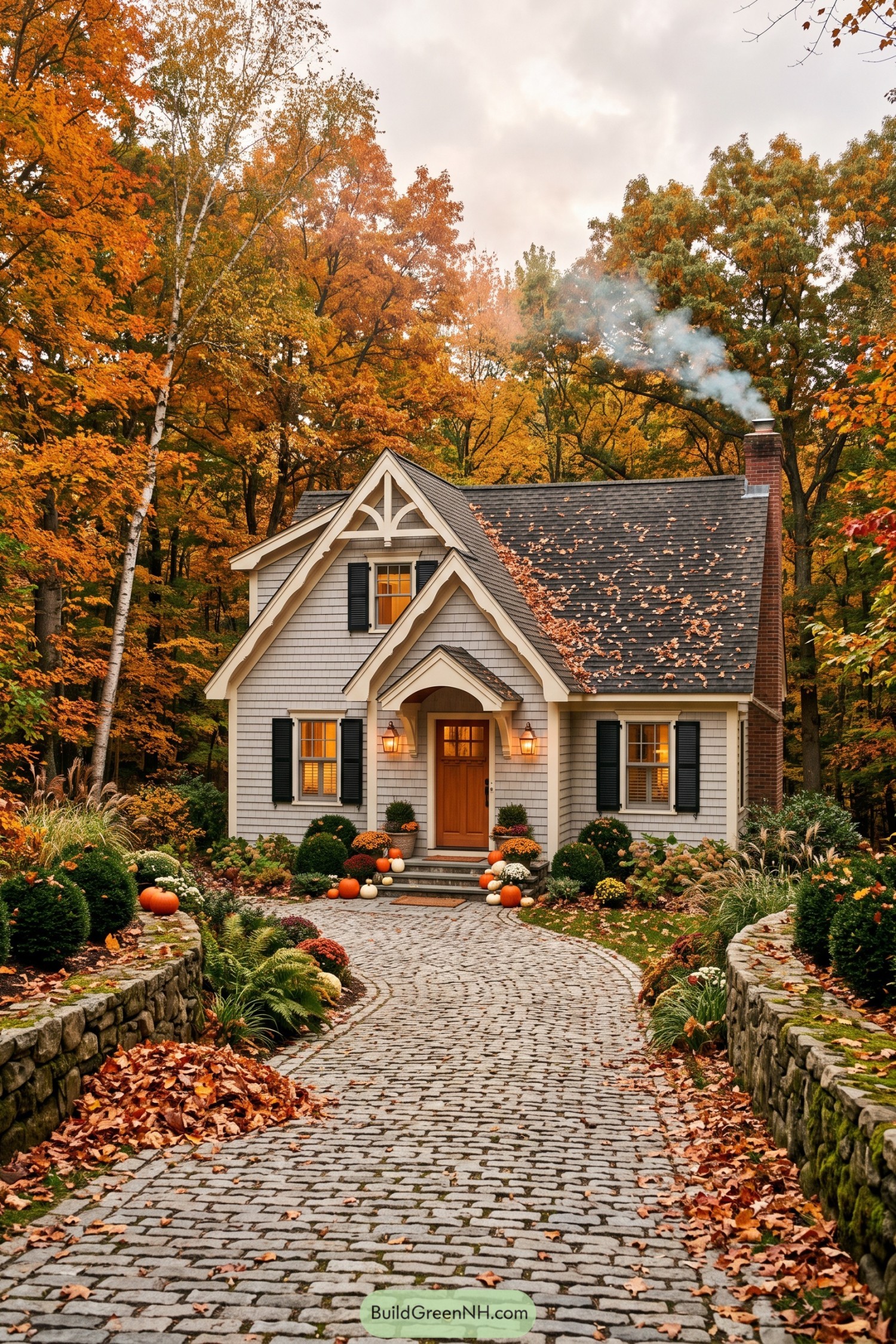 Gray shingle cottage framed by autumn trees and pumpkins