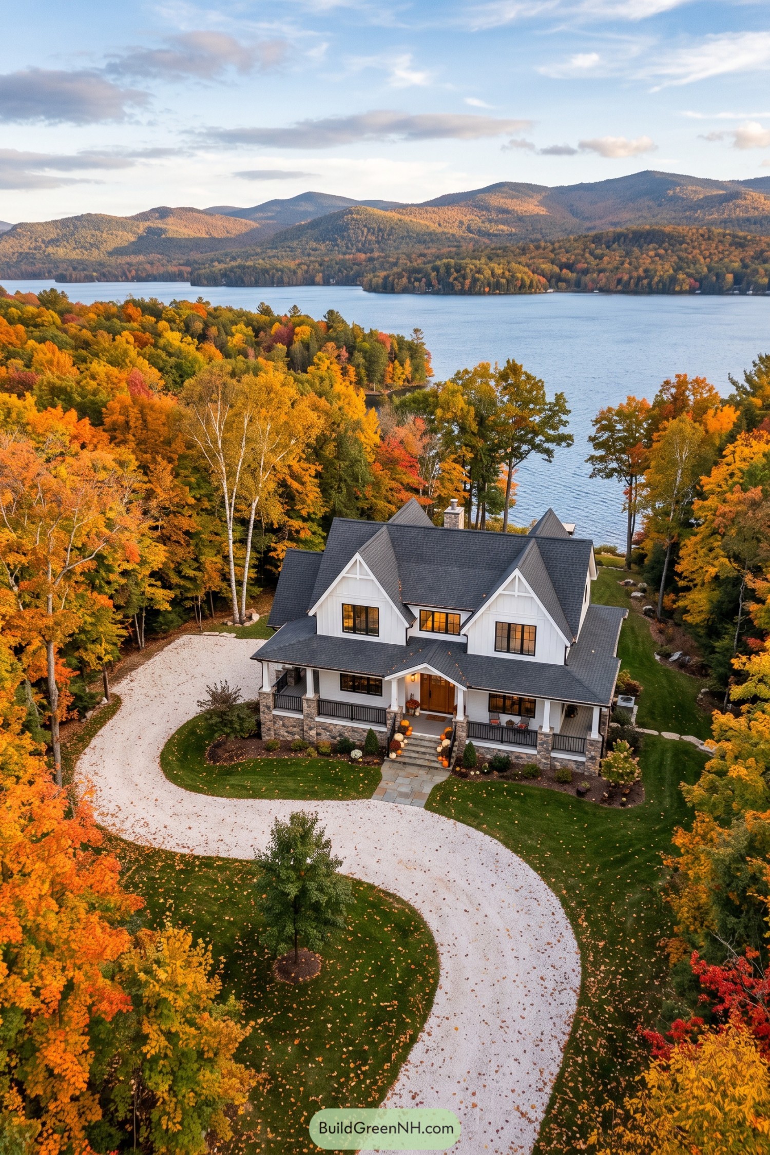 White gabled home beside a lake surrounded by fall foliage
