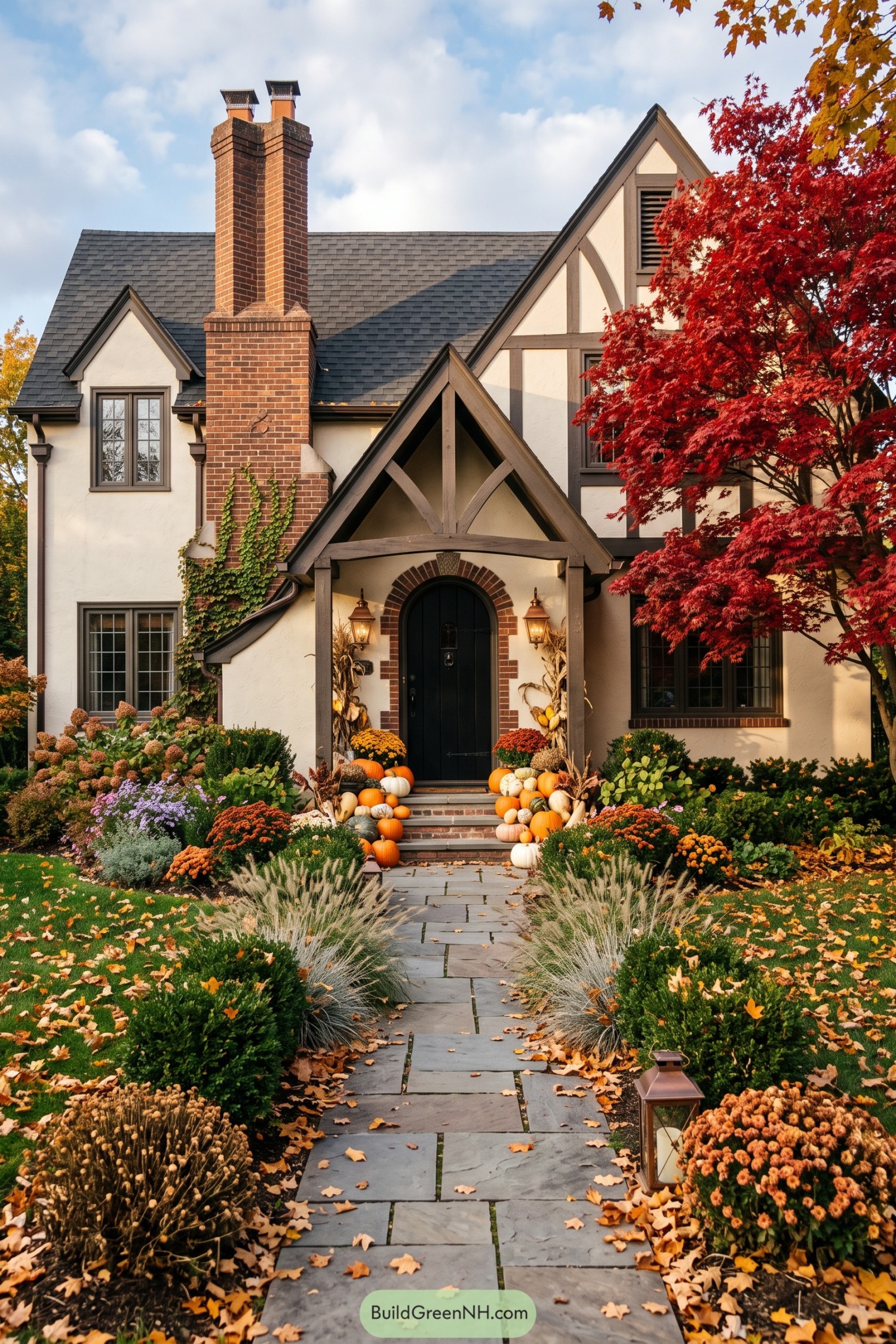 Tudor home with pumpkins and red maple foliage