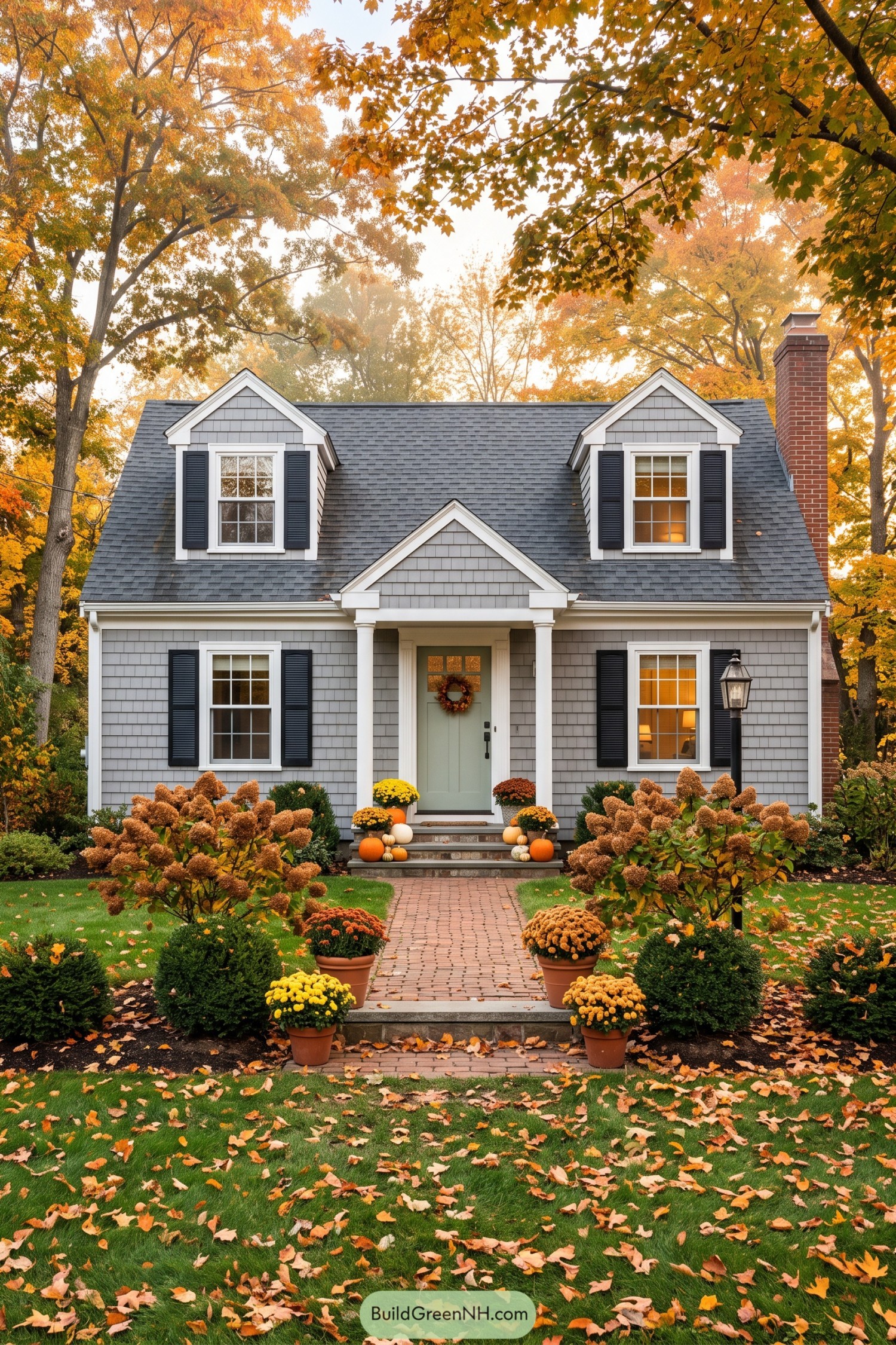 Gray shingle cottage with black shutters and fall mums