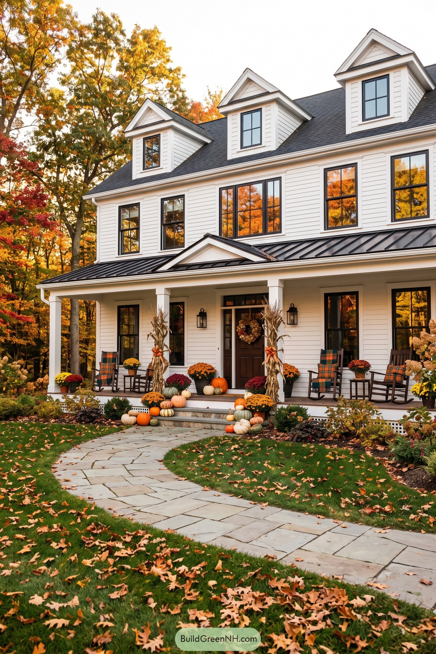 White farmhouse with black roof and autumn porch décor