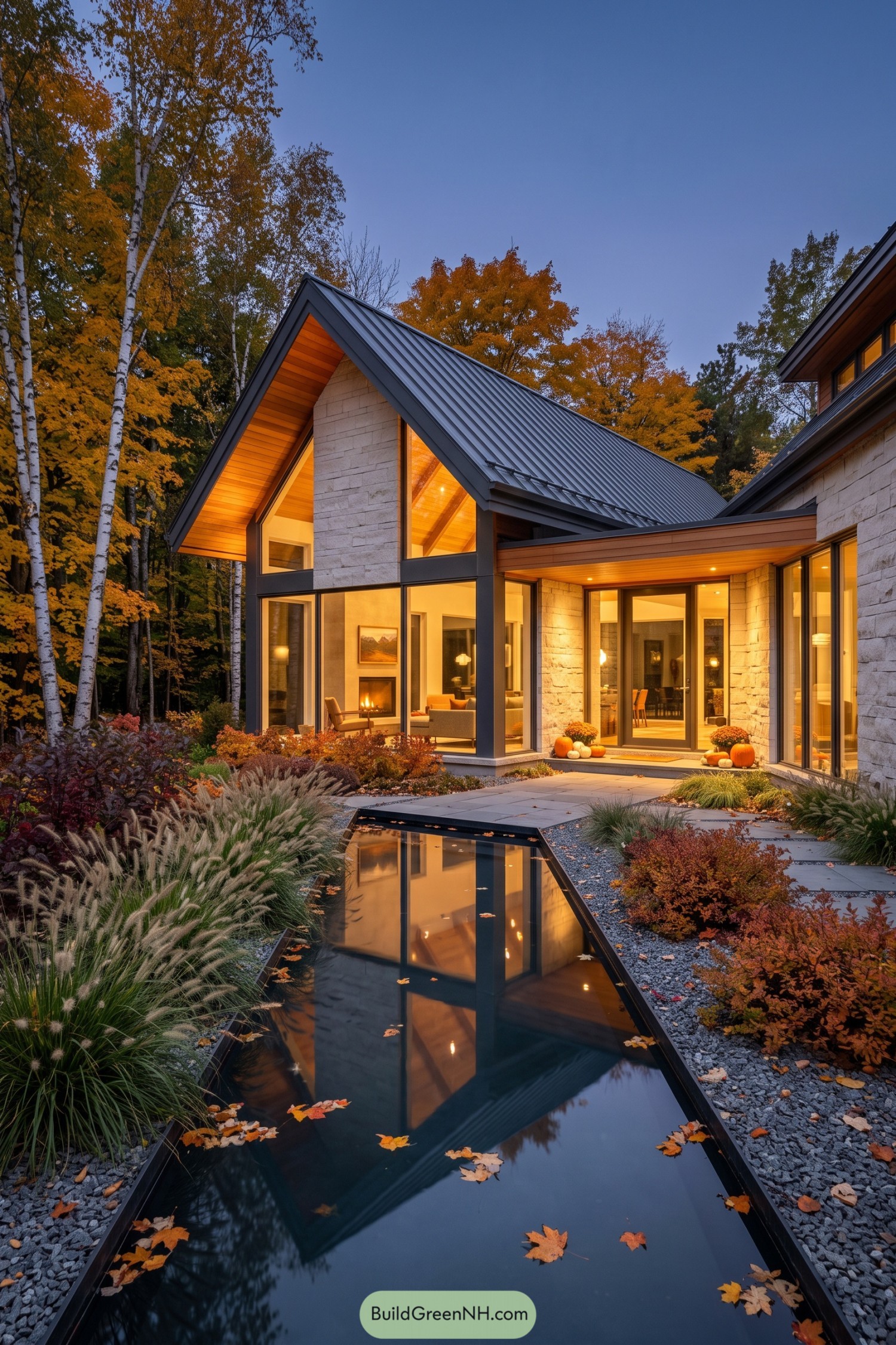 Contemporary gabled home with reflecting pool and autumn birches