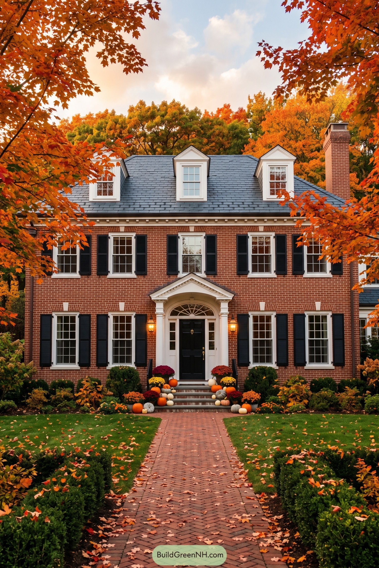 Red brick Colonial home with black shutters and pumpkin-lined entry