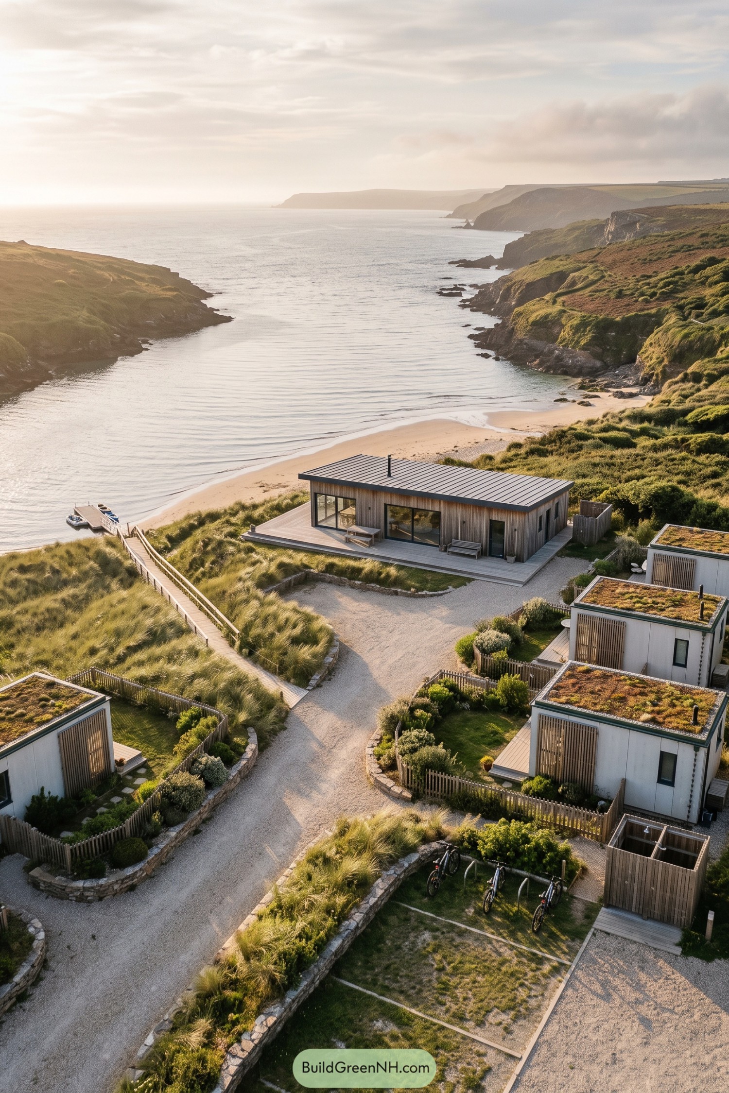 Coastal family cabins gathered around a shared lodge