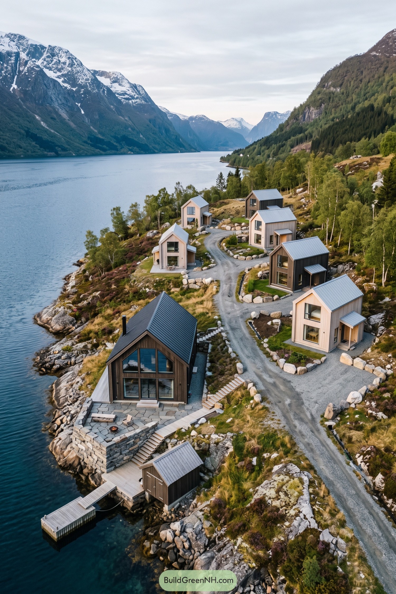 Fjord hamlet with cabins clustered around a waterfront lodge