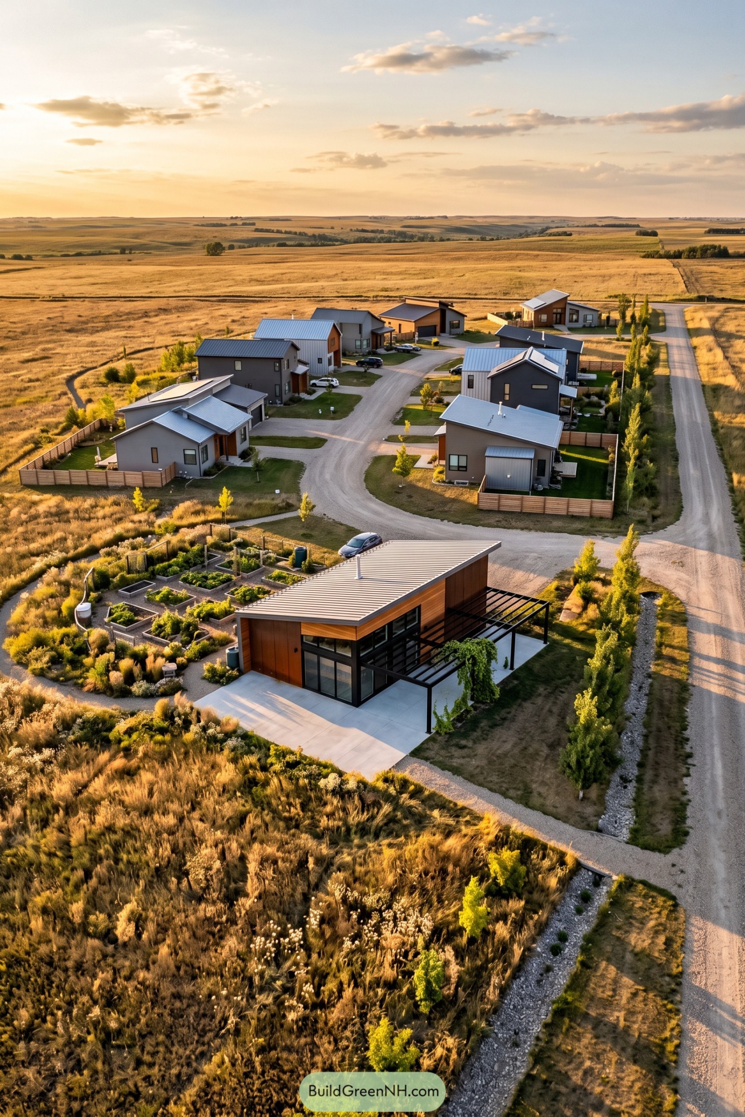 Aerial view of rural homes around a garden lodge