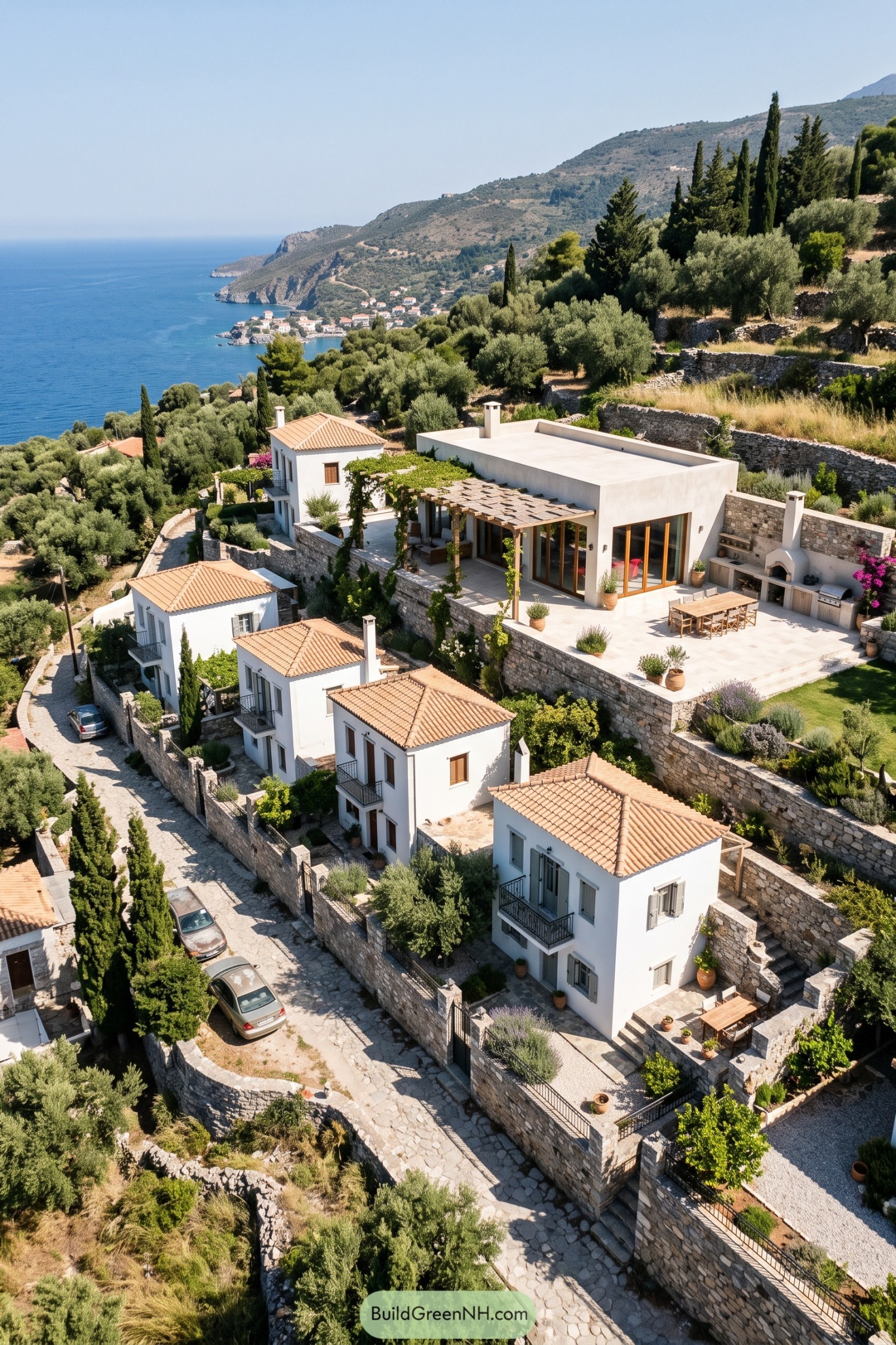 Terraced coastal hamlet with white villas and shared lodge