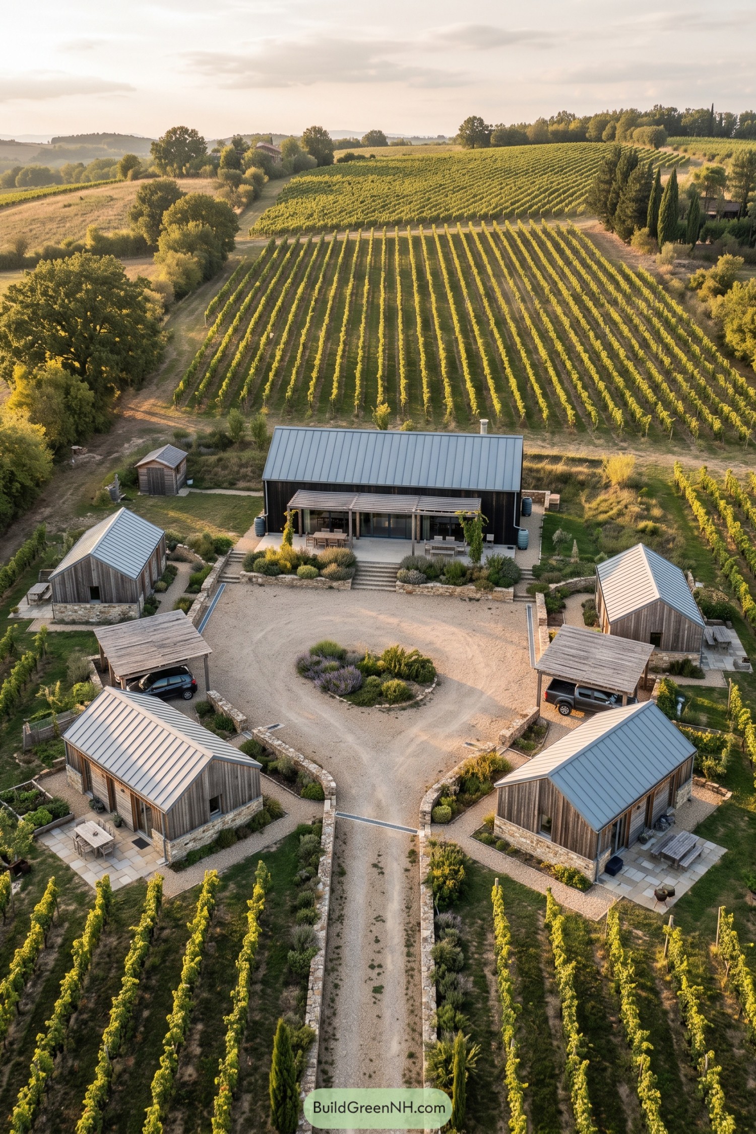 Aerial view of vineyard hamlet with cabins around a shared lodge