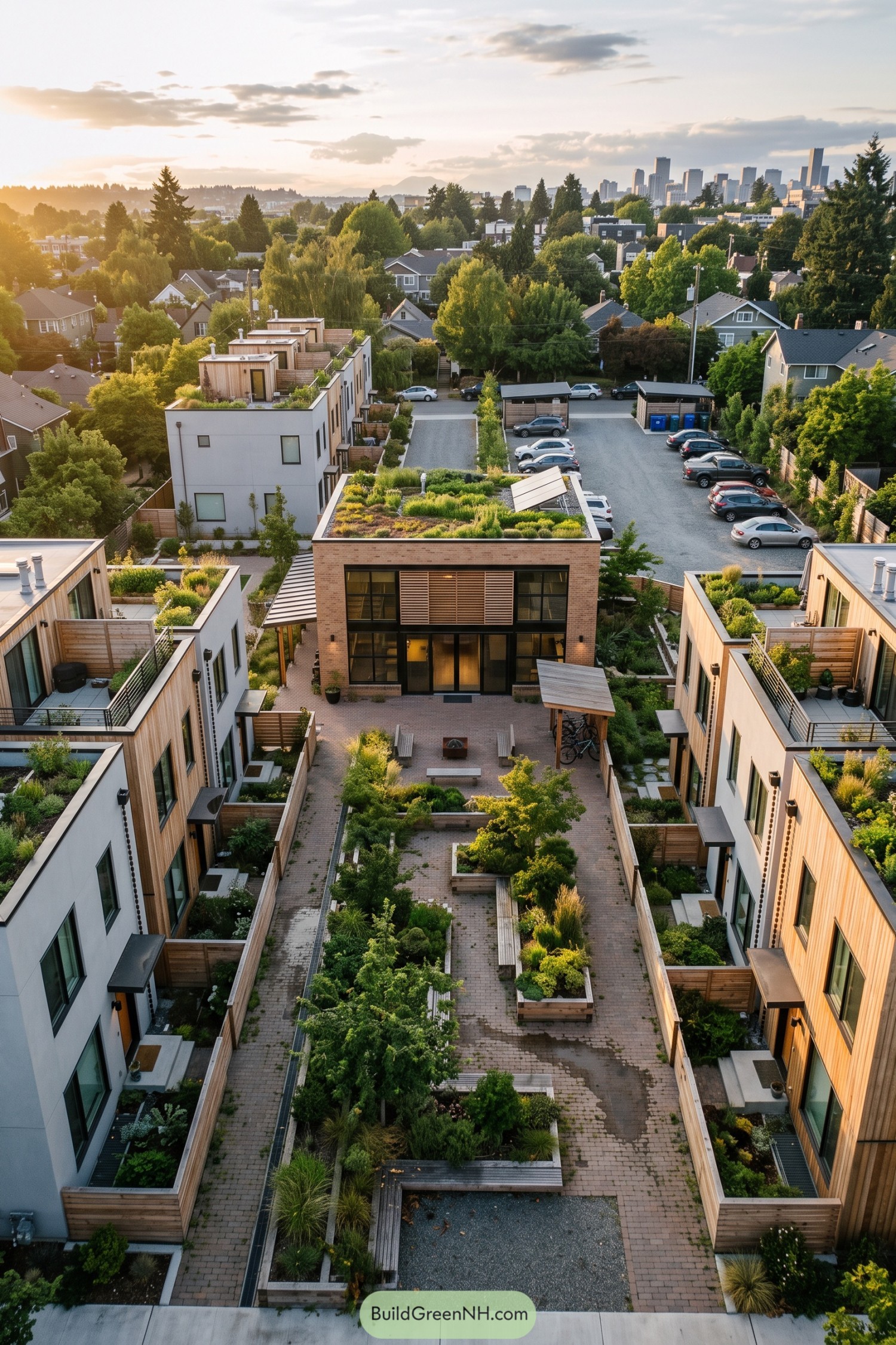 Modern homes frame a planted shared lodge courtyard