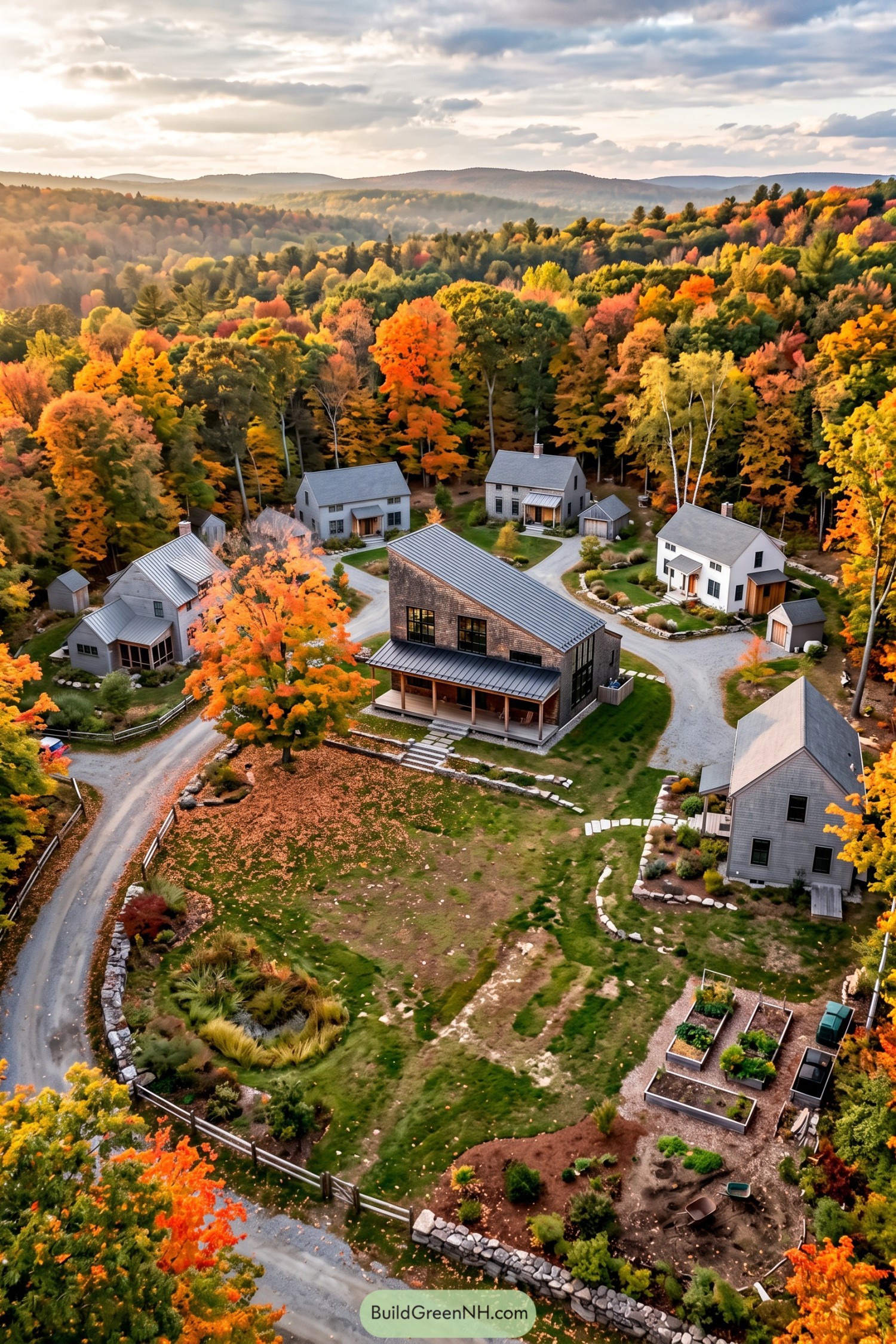 Clustered cottages and a shared lodge nestled in autumn woodland