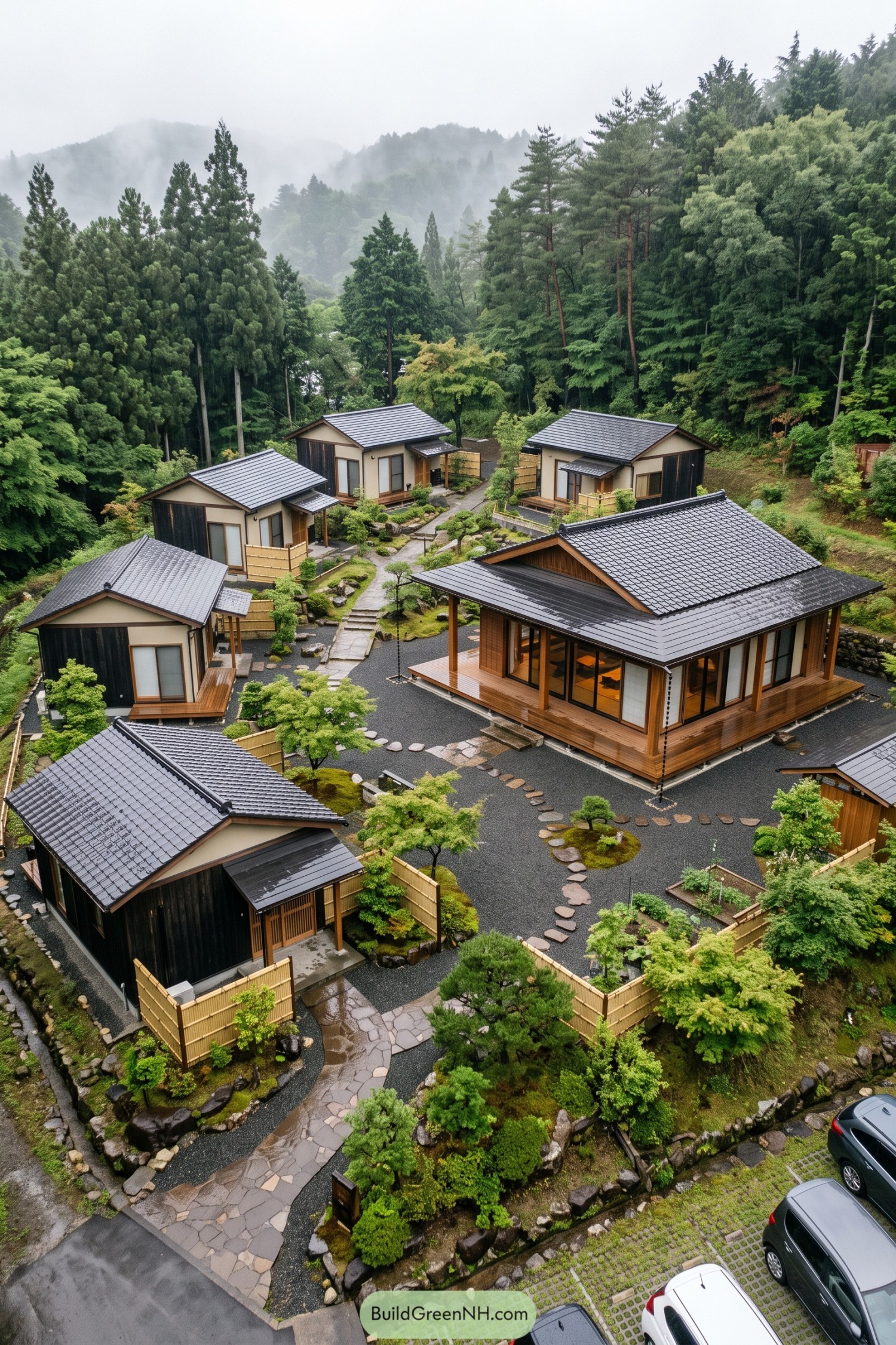 Japanese inspired family hamlet with shared lodge in a wooded rain garden