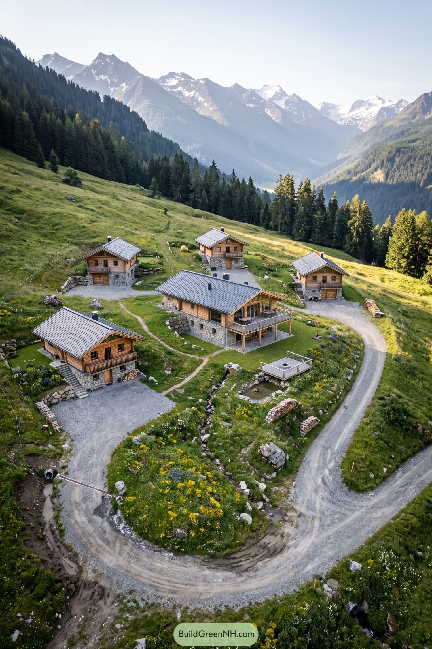Five timber and stone cabins gather around a shared lodge on a green mountain slope