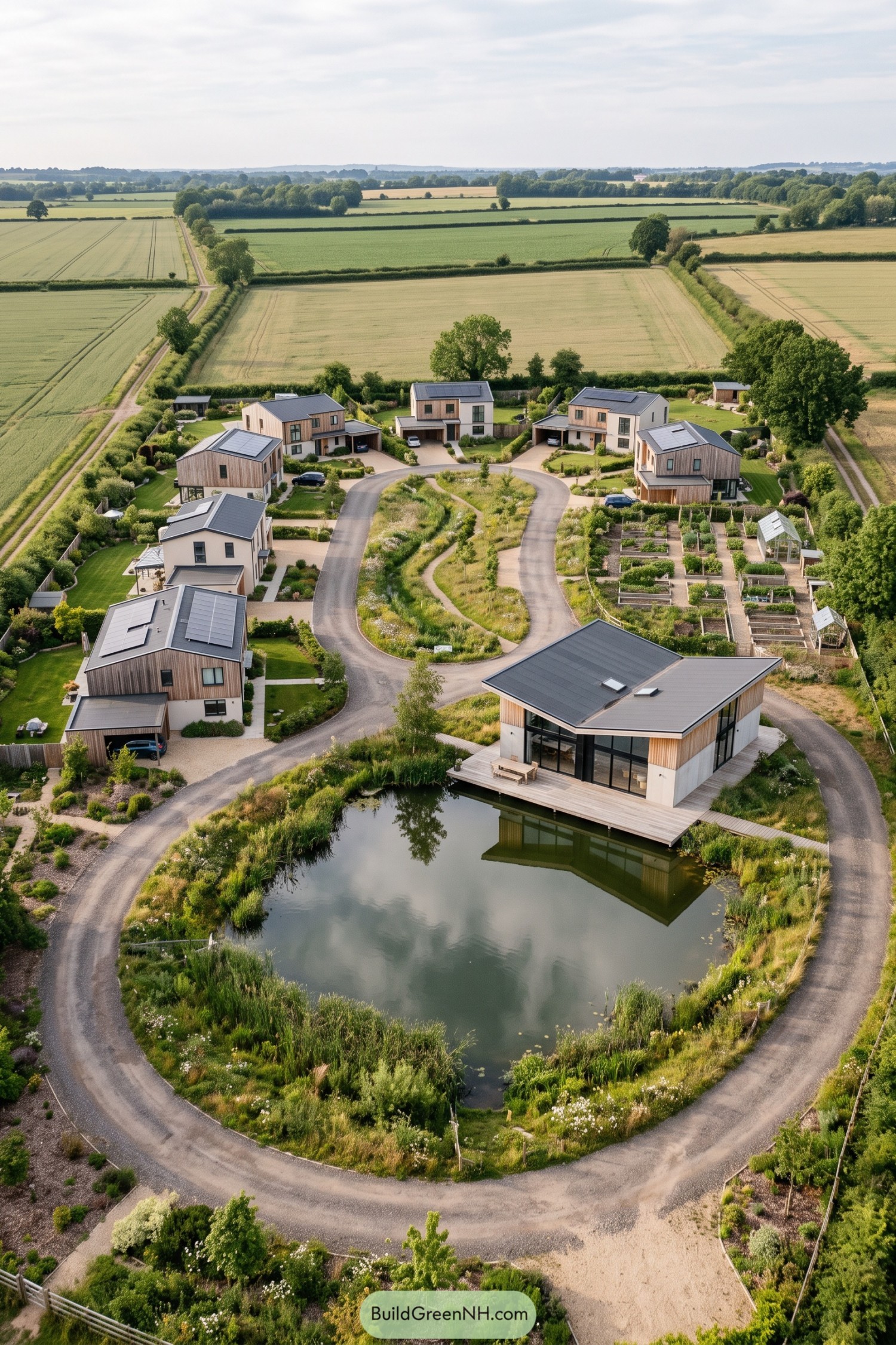 A pondside shared lodge anchors homes around a planted loop