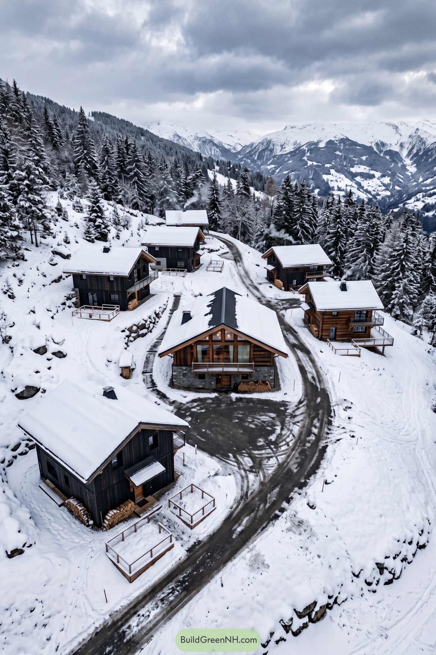 Snowy timber cabins gathered along a winding mountain lane