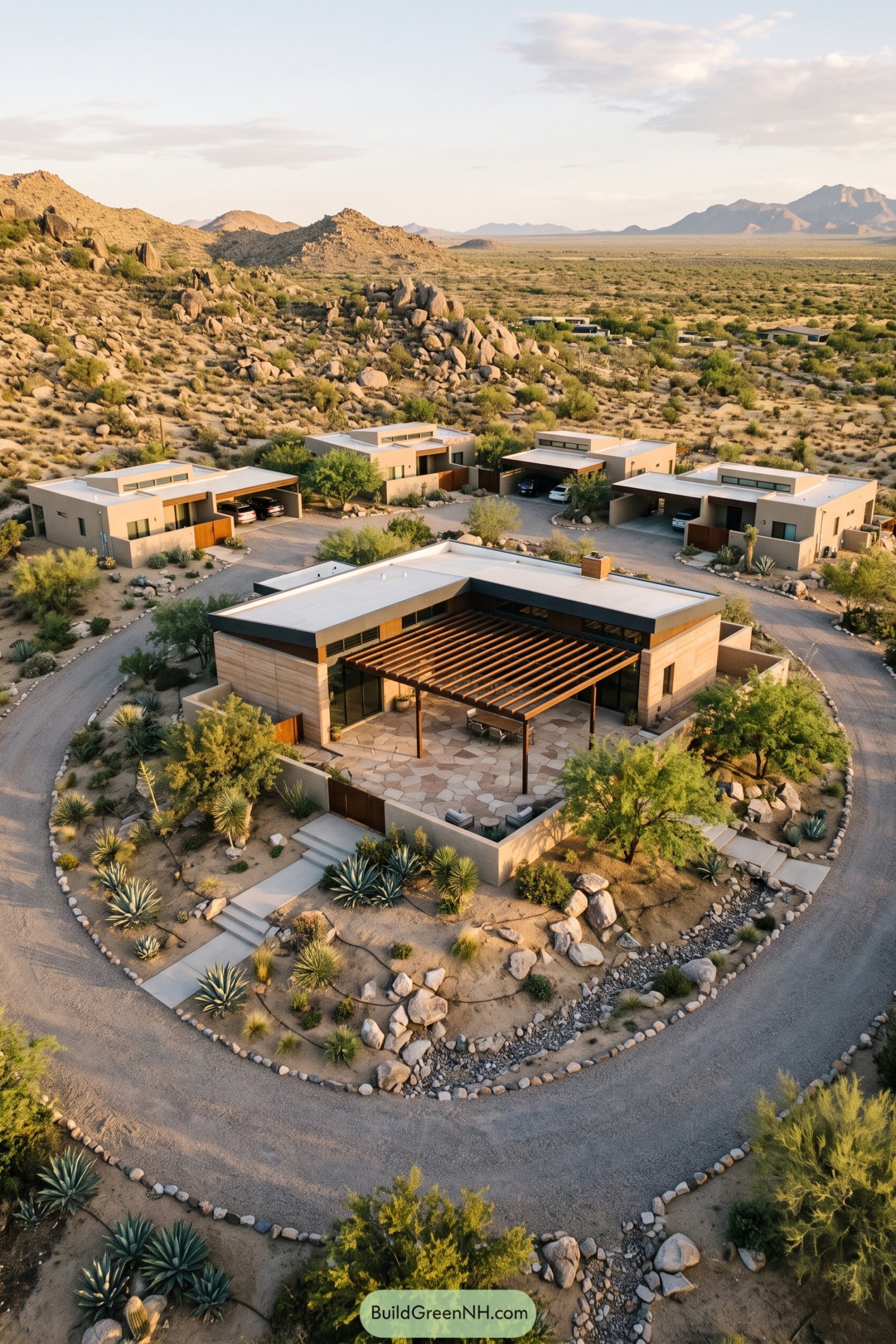 Desert family hamlet with a central lodge and four homes