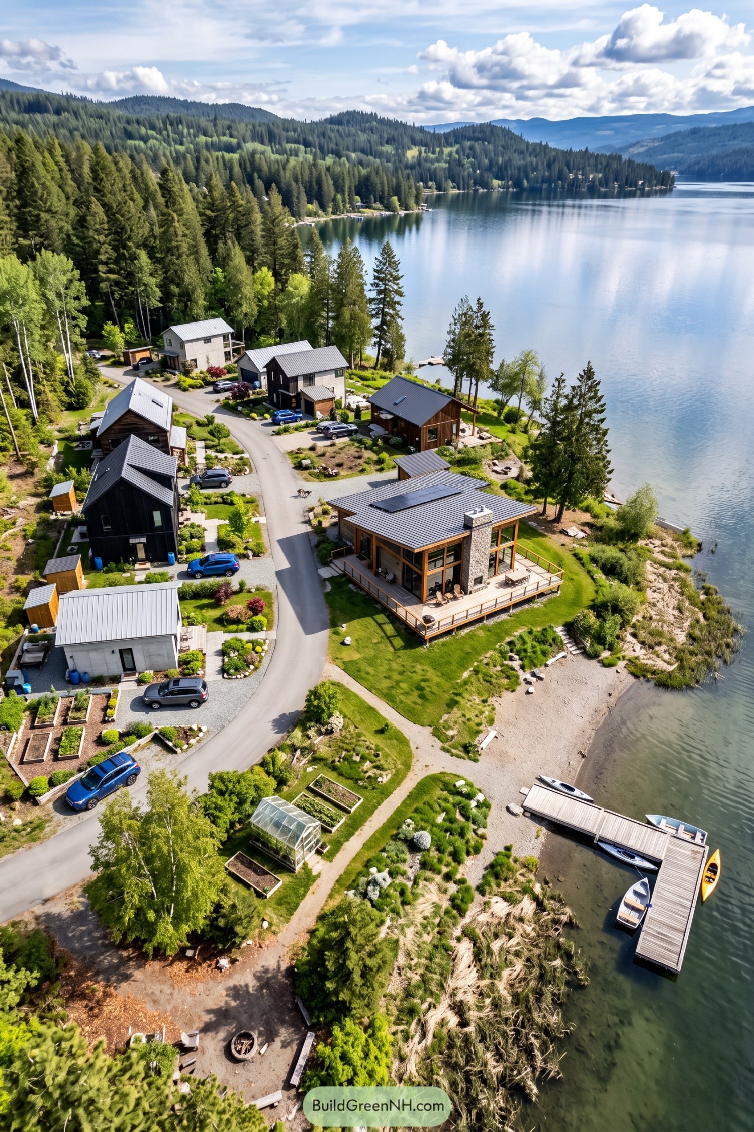 Lakeside homes clustered around a shared waterfront lodge and dock