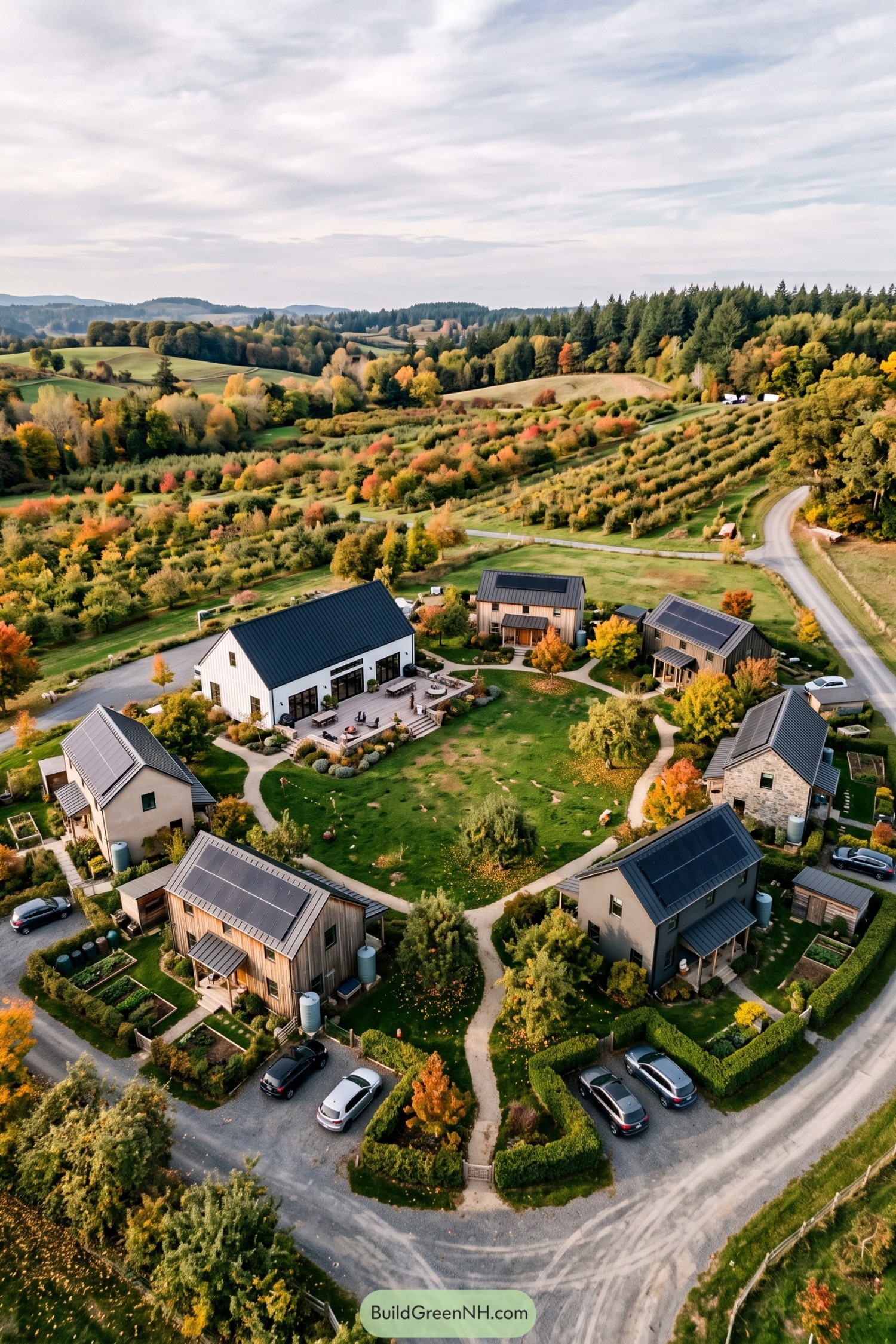 A solar powered family hamlet surrounding a shared lodge and orchard landscape