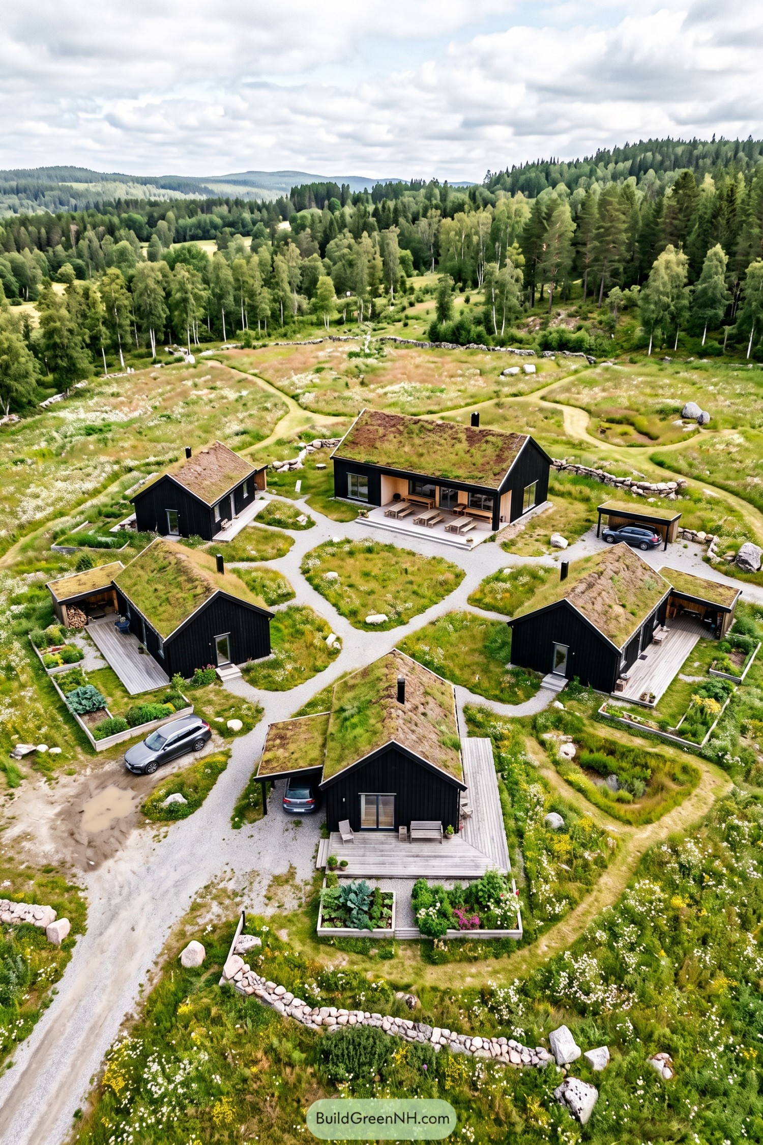 Aerial view of black cabins with green roofs in a meadow
