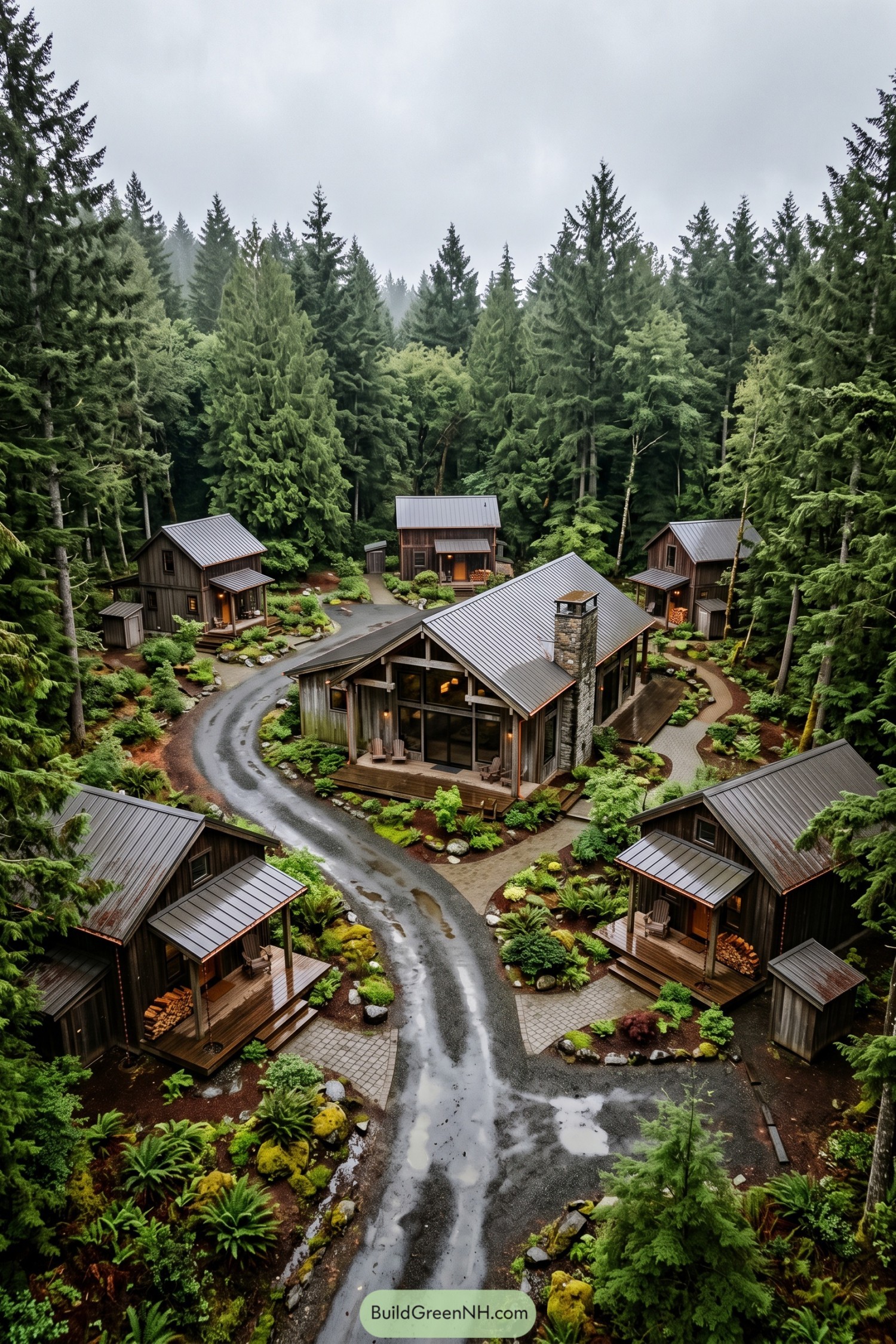 Timber cabins surround a central lodge in a forest clearing