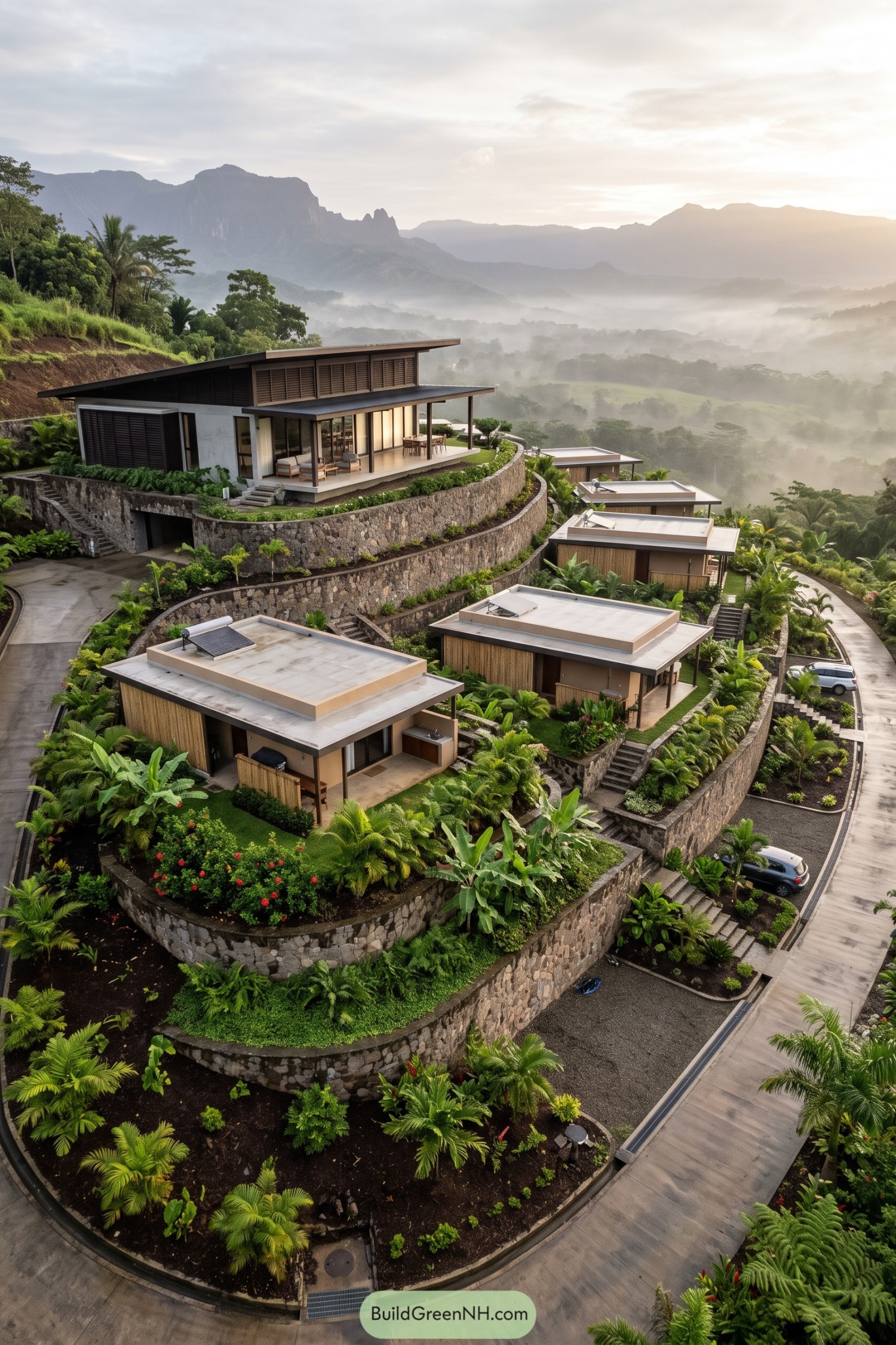 Terraced tropical hamlet with lodge and hillside cottages