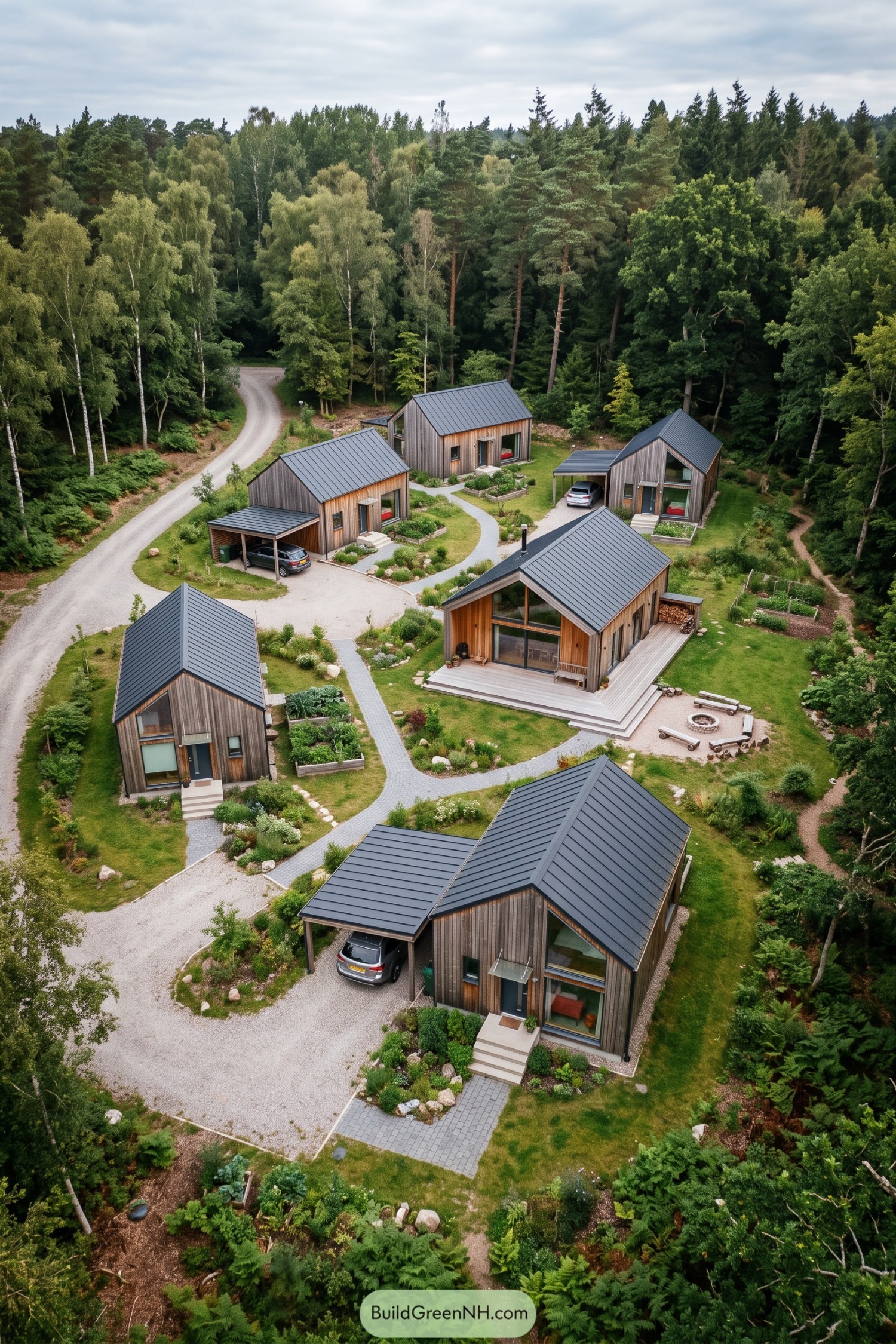 Clustered timber homes around a shared lodge in woodland